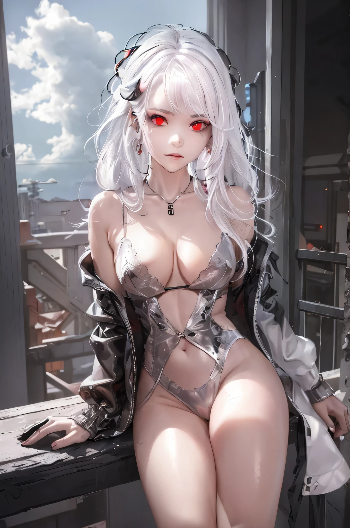 posing on a balcony, 1 girl, white hair, oversized black hoodie, cyber daemon, , cyberpunk, ((cyber horns)), red eyes, cyberwear