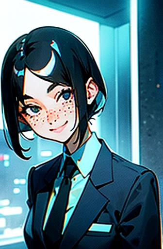 black hair, (hair tucked behind ears), side bangs, light freckles, woman, (black eyes), suit and tie, neon blue city, smiling