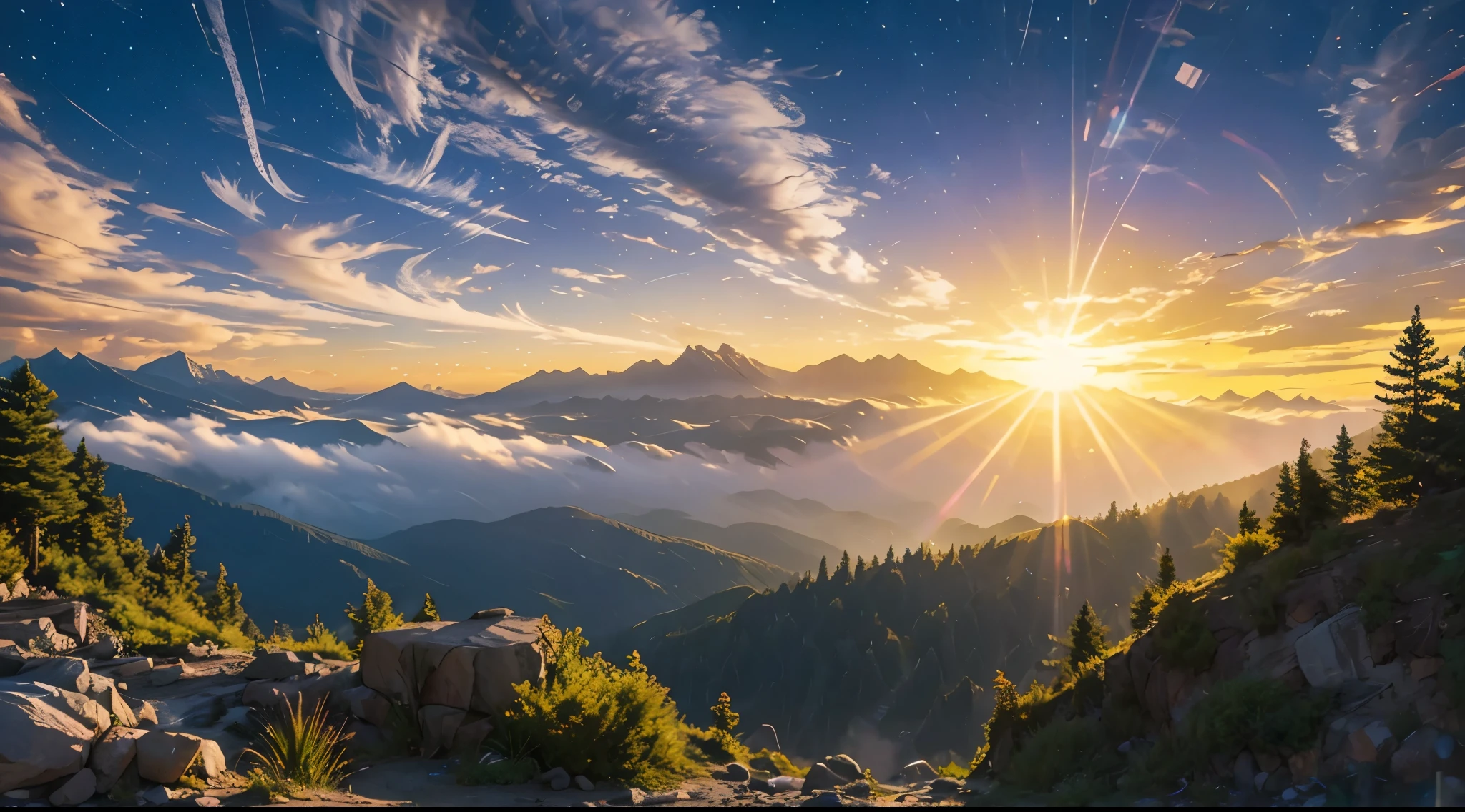 The scenery in the mountains is beautiful, There are orange and purple clouds at sunset, Fascinating and magical.