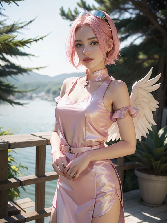 (8K, top-quality, masterpiece:1,2), (reallistic, Photorealsitic:1.37), Super Detail, One girl,), (Highly detailed), (beautifully detailed eyes), (of the highest quality), (super detailed ), (masterpiece), (Detailed face),20yr old, ,1 girl, full body, pink hair,Very short hair, medium breasts, clothed, Perfect Lighting, pussy and breast focus, looking at viewer, aroused face, naughty face, Year of the Dragon, ((dragon in:1.5, angel, angel wings, white plumage on body:1.5)), sky, cloud, floating, angel ring, outdoors