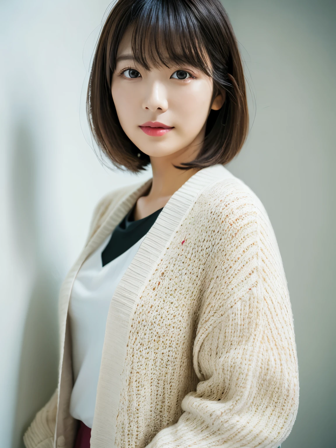 ((masutepiece,top-quality)), (photographrealistic:1.4),((masutepiece,8K)),hight resolution,Studio Soft Light, Rim Lights, vibrant detail, realistic skin textures,Japanese, 1 beautiful woman, Short hair, Wave hair, faint thin bangs, make - up, 38 years, Detailed skin, cardigan, wide-leg pants, White background, White Room,white walls, fully body photo, Looking at Viewer