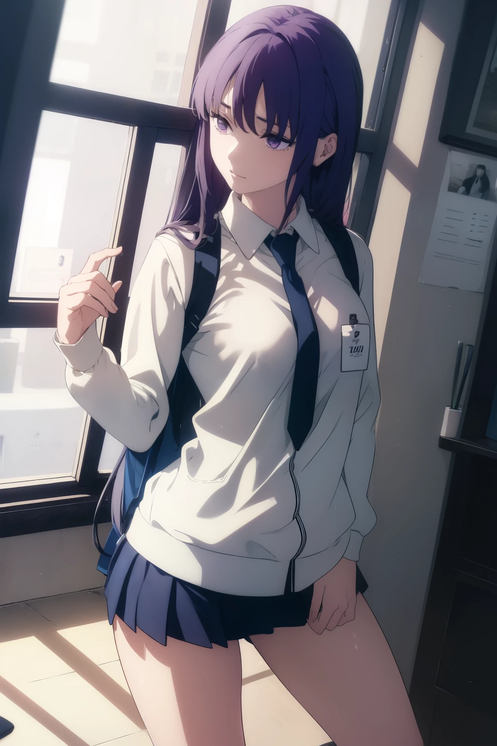 ((((Obra maestra, La mejor calidad, ultrahigh resolution)))), perfect anatomy, 1girl, long hair, purple, standing, school uniform