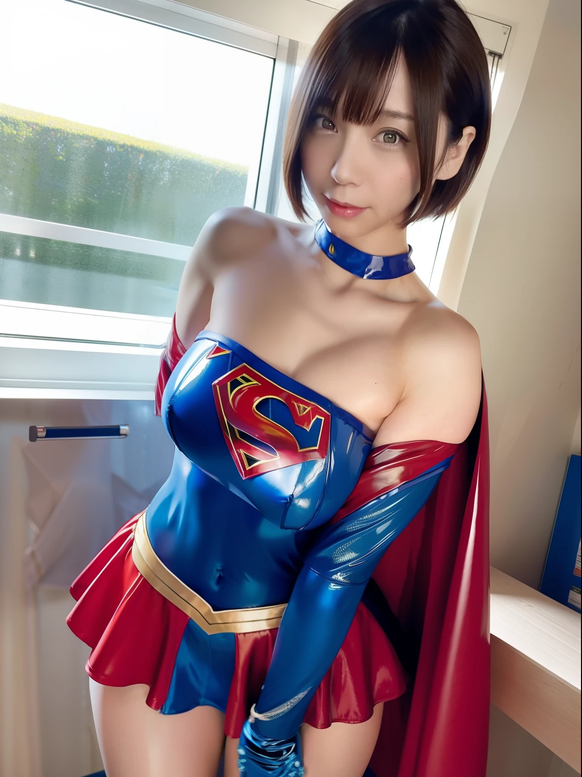 ​masterpiece,Supergirl Costume, short-hair, bare-legged, large full breasts,surgery room、Operating table、straddle、depraved、shiny、Looking at the camera、seduces、short red miniskirt、pleatedskirt、Show a glimpse、long-sleeve、Fluttering cloak、Glossy enamel costume