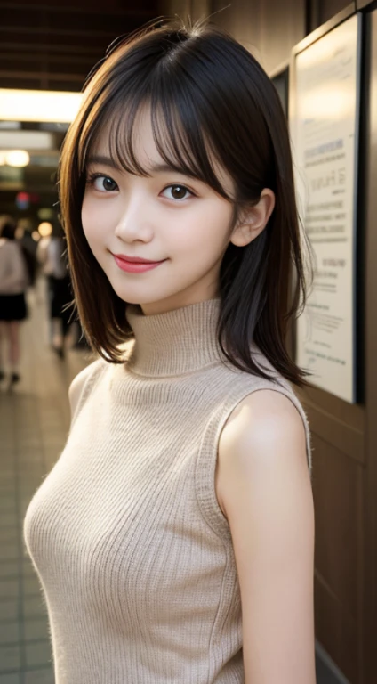 masutepiece, Best Quality, Photorealsitic, finely detail, hight resolution, 8K Wallpapers, Perfect dynamic composition, Beautiful detailed eyes, Medium Hair, large full breasts, Random and sexy poses,Bring your chest together、(Tight white sleeveless high neck knitwear)、(Breast bulge 1.2)、A smile、open open mouth、Resort scenery、30-years old、(Drooping eyes 1.4)、 Beauty、japanes