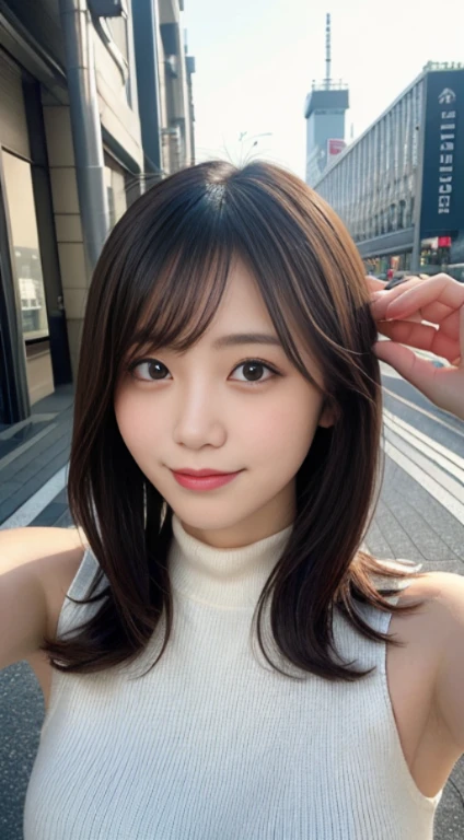 masutepiece, Best Quality, Illustration, Ultra-detailed, finely detail, hight resolution, 8K Wallpaper, Perfect dynamic composition, Beautiful detailed eyes, high neck knit sleeveless,Medium Hair, Small breasts, Natural Color Lip, Random and sexy poses,Smile,Tokyo Station、 girl