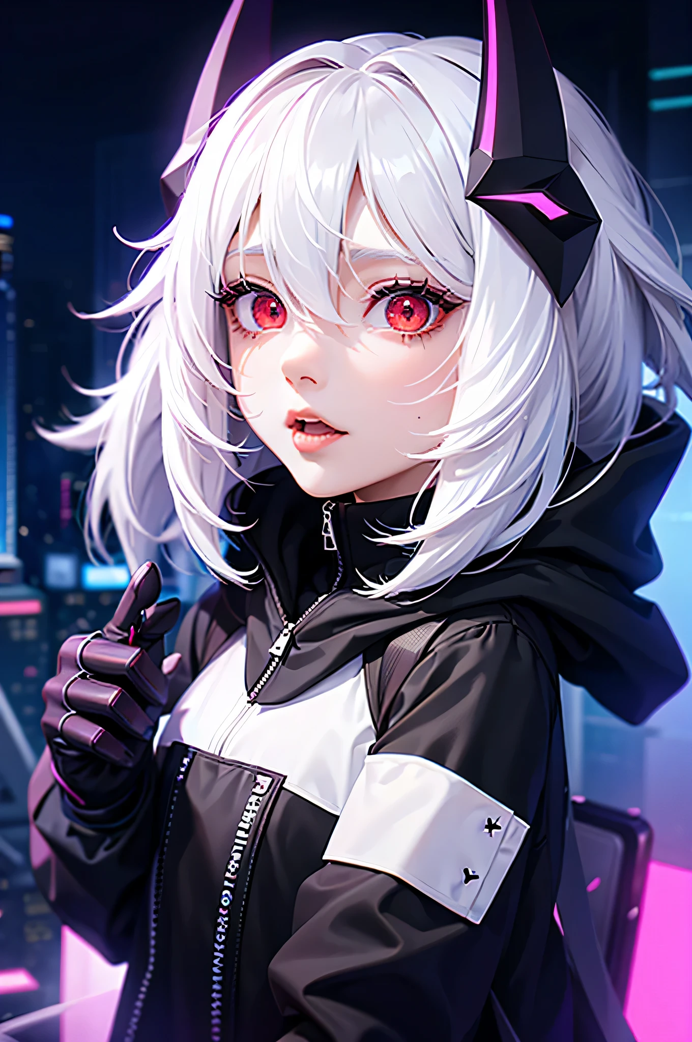 1 girl, white hair, oversized black hoodie, cyber daemon, loli, cyberpunk, ((cyber horns)), red eyes, cyberwear