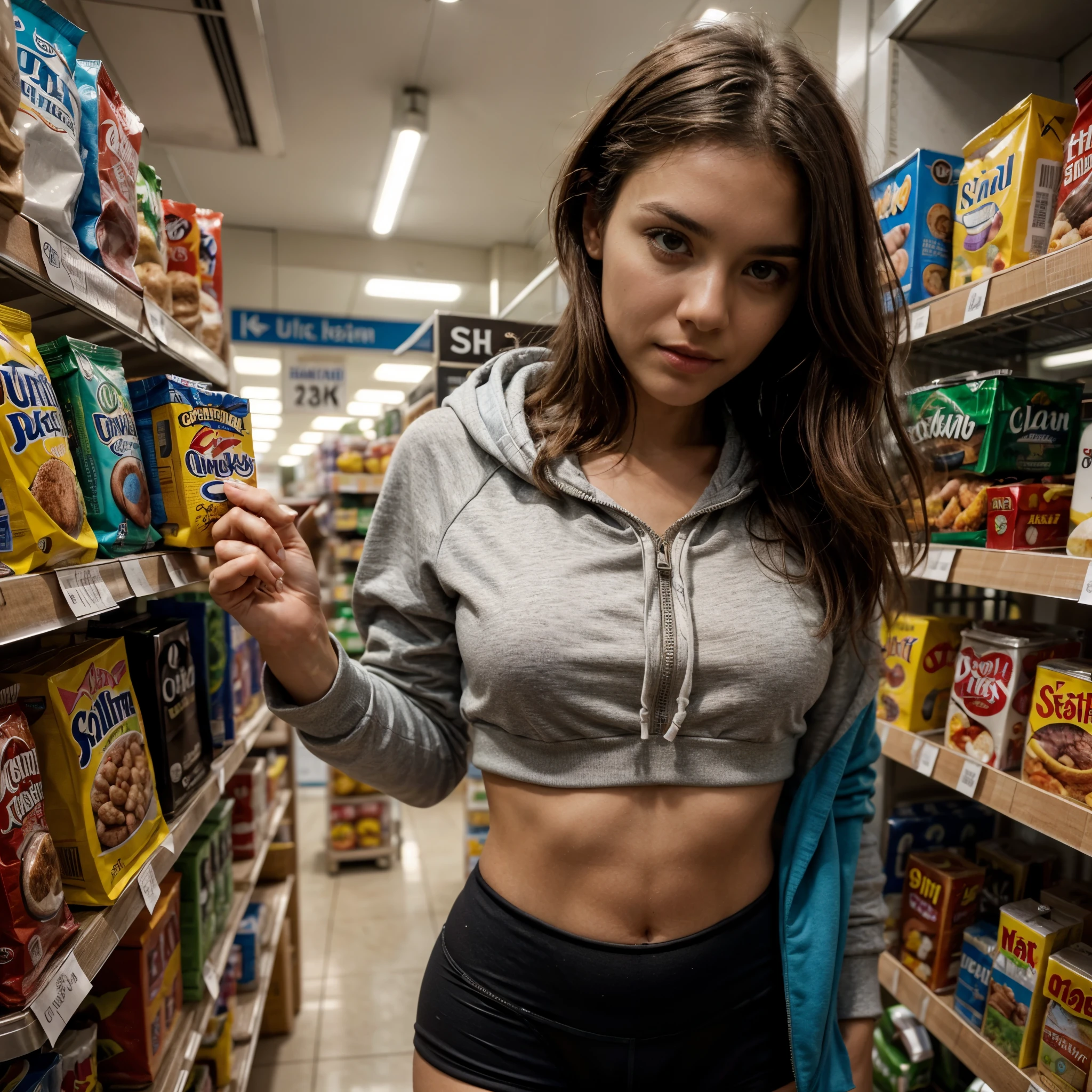 one beautiful woman, oval face, senseful lips, big brown eyes, 30 years old, slim sporty body, in a supermarket, 3/4 body, staying between shelf rows, wearing a hoodie and  sport tights, no text, backgorund blurred, cinematic lighting, motion blur, film grain,  very detailed, 30 years, natural wave hair, dark brown eyes, high-res, masterpiece, best quality, intricate details, highly detailed, sharp focus, detailed skin, realistic skin texture, texture, detailed eyes, professional, 4k, 85mm, shallow depth of field, kodak color vision, perfect fit body, extremely detailed, photo_\(ultra\), photorealistic, realistic, post-processing, maximum detail, roughness, real life, ultra realistic, photorealism, photography, 8k uhd, photography (grain of film) medium shot for closeup shot