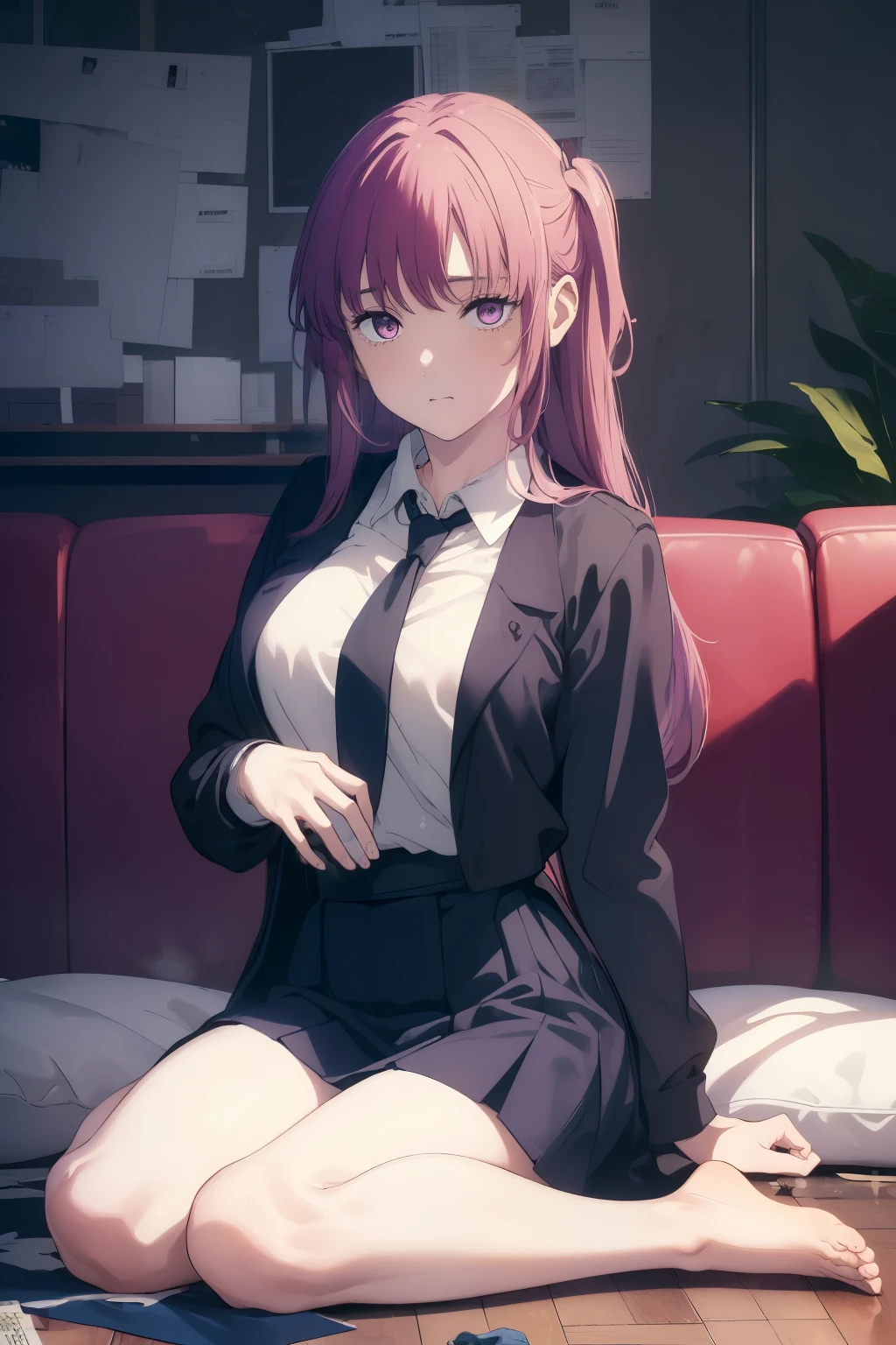 ((((Obra maestra, La mejor calidad, ultrahigh resolution)))), perfect anatomy, 1girl, long hair, purple, kneeling, school uniform, )(cute, adorable, guilty expression), couch, messy room, clothes scattered on floor