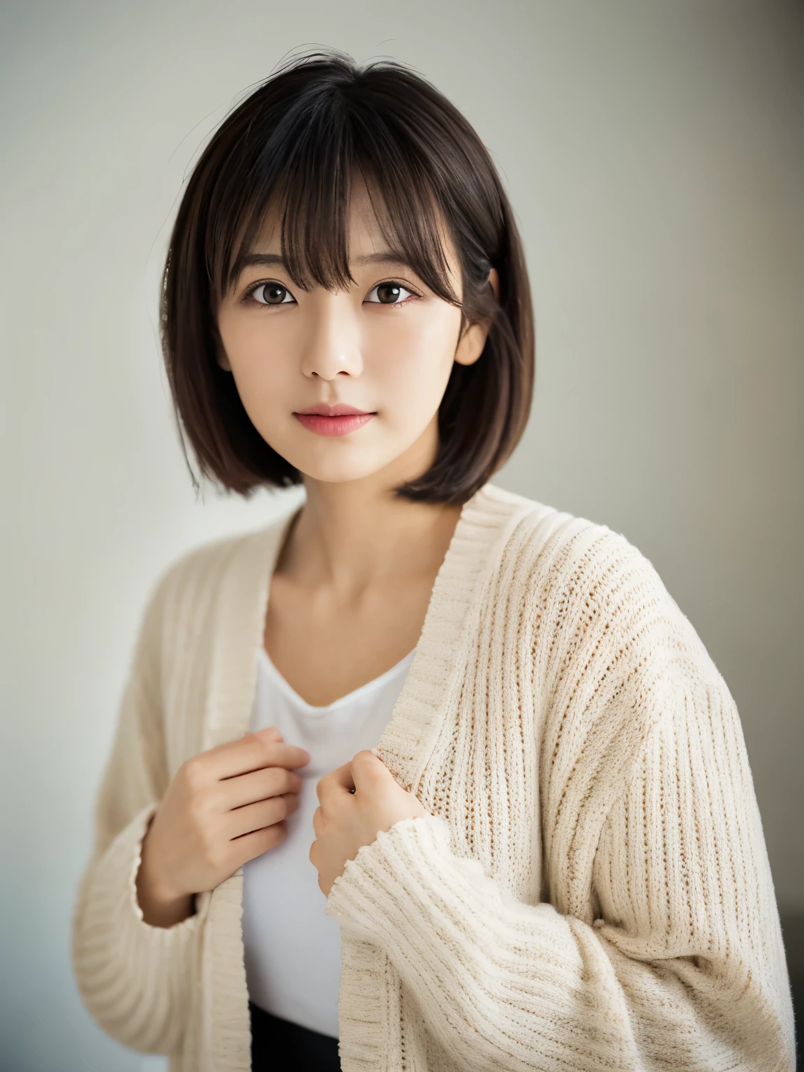 ((masutepiece,top-quality)), (photographrealistic:1.4),((masutepiece,8K)),hight resolution,Studio Soft Light, Rim Lights, vibrant detail, realistic skin textures,Japanese, 1 beautiful woman, Short hair, Wave hair, faint thin bangs, make - up, 38 years, Detailed skin, cardigan, wide-leg pants, White background, White Room,white walls, fully body photo, Looking at Viewer