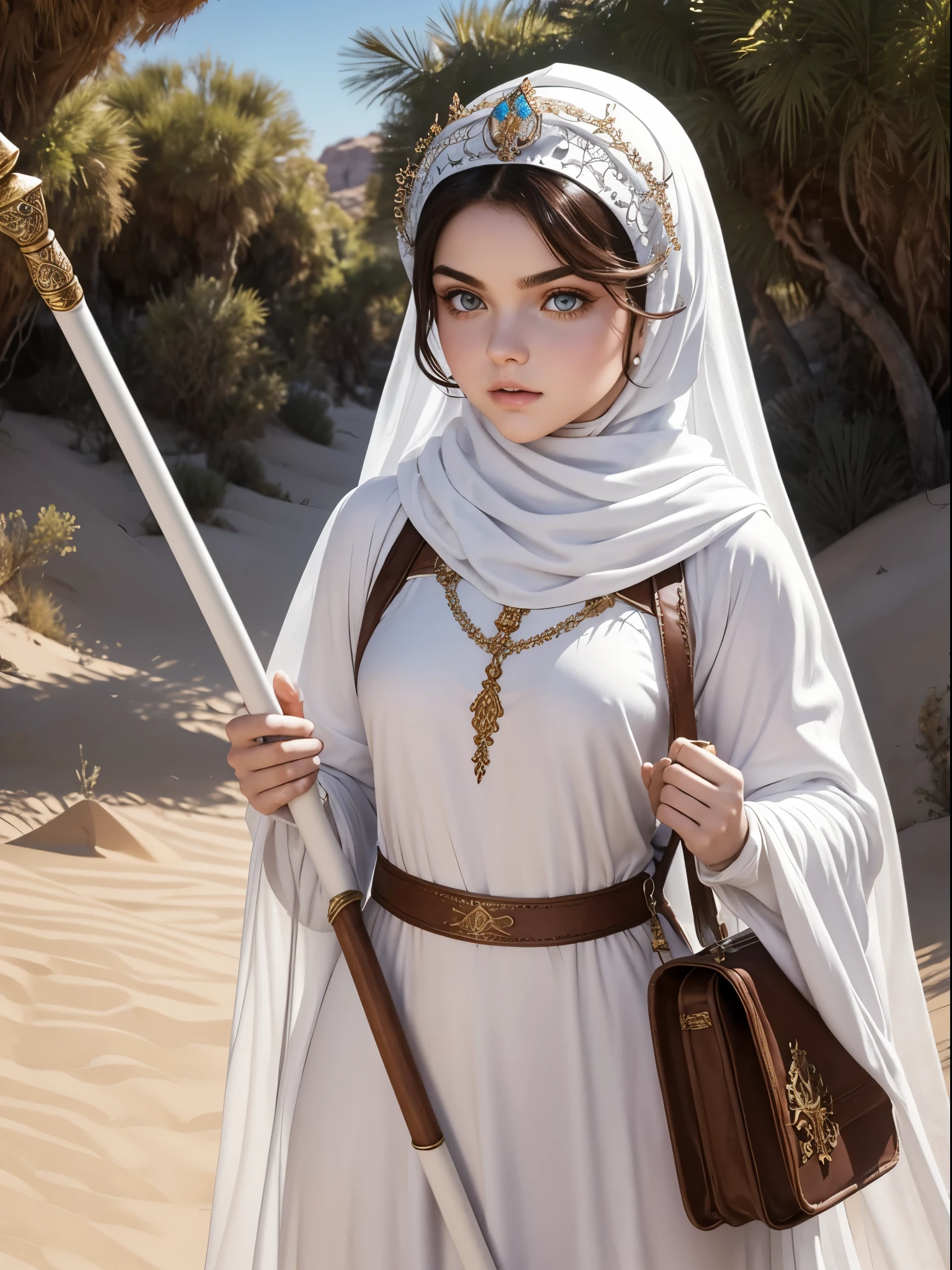 Fantasy adventure 19 years old figure looks like (ariel winter:0.85), hazel eyes, she wears a ornate dirty white cotton hijab on her head with tiara above. Her skin is a rosy white color, she wears medieval (abaya:0.8), light leather pauldron sling bags, she holds a long blue staff, ((close up)) adventure on desert.