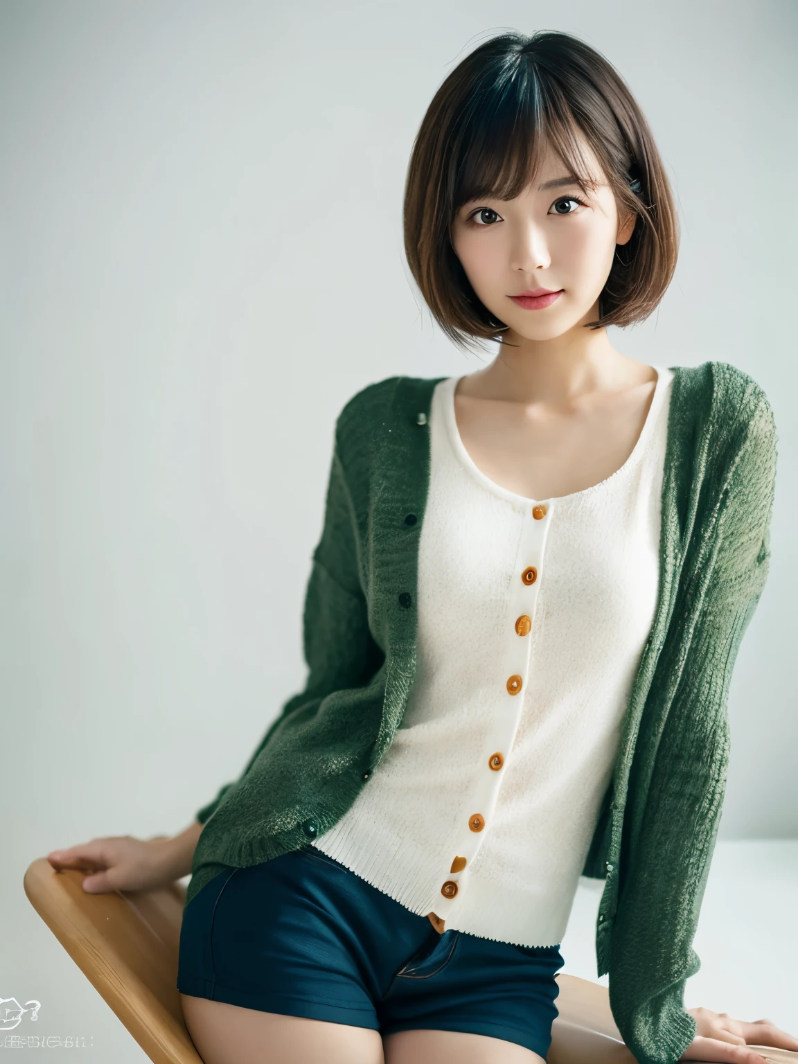 ((masutepiece,top-quality)), (photographrealistic:1.4),((masutepiece,8K)),hight resolution,Studio Soft Light, Rim Lights, vibrant detail, realistic skin textures,Japanese, 1 beautiful woman, Short hair, Wave hair, faint thin bangs, make - up, 38 years, Detailed skin, cardigan, wide-leg pants, White background, White Room,white walls, fully body photo, Looking at Viewer