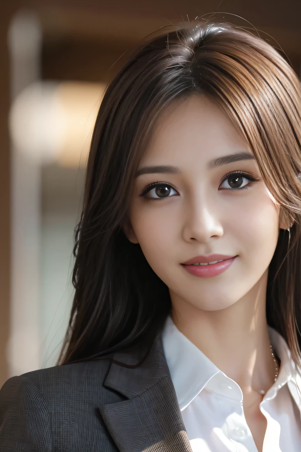 masutepiece, Best Quality, Photorealistic, Ultra-detailed, finely detail, High resolution, 8K Wallpaper, 1 beautiful woman,, light brown messy hair, in a business suit, foco nítido, Perfect dynamic composition, Beautiful detailed eyes, detailed hairs, Detailed realistic skin texture, Smiling, Close-up portrait, Model body type