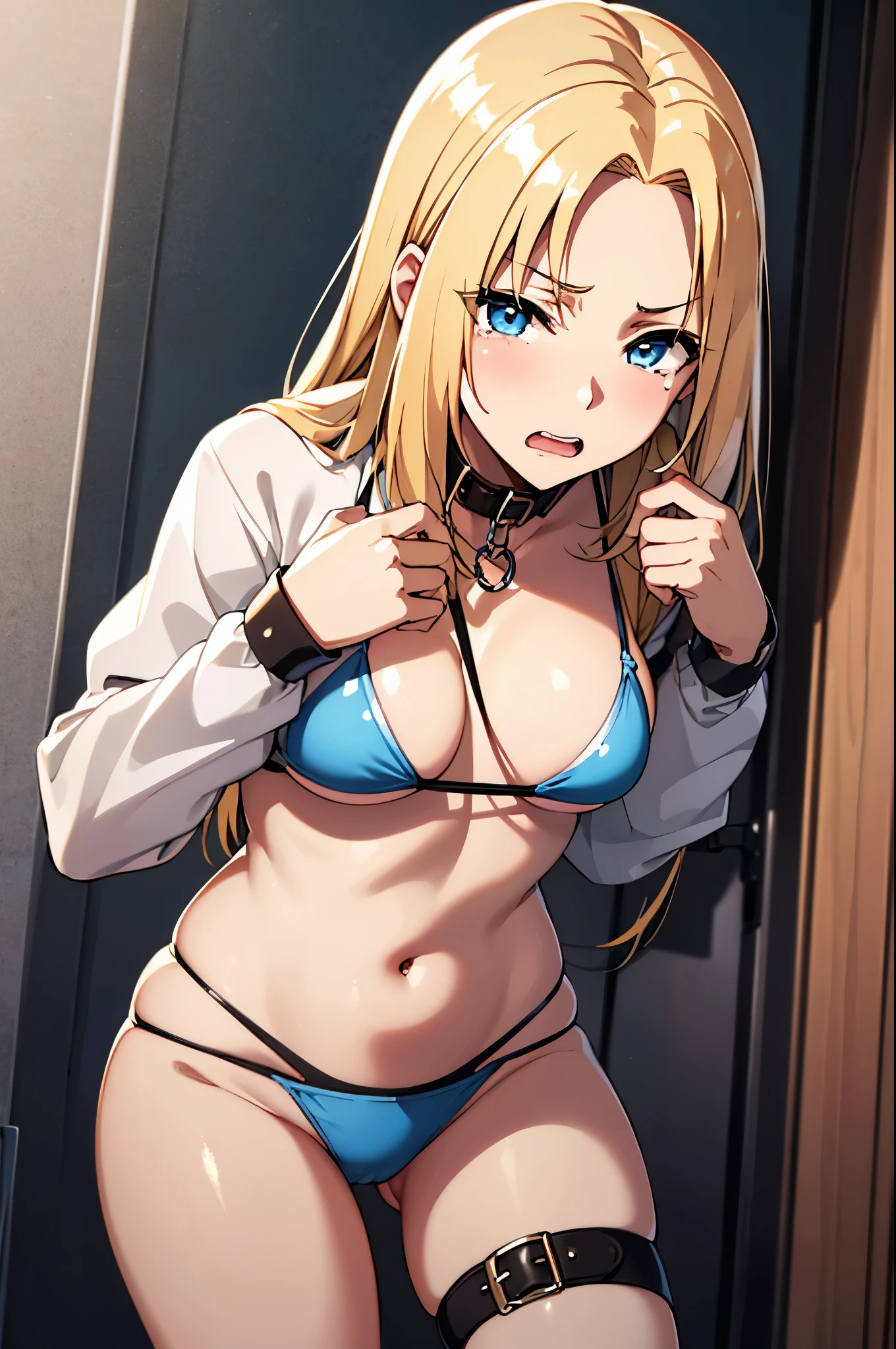 1girl,scared expression open mouth clenched teeth,blonde hair,blue eyes,,sad,despair,cry,tears,(collar),(leash),(ball gag),tied up,tied wrists,bikini,forehead