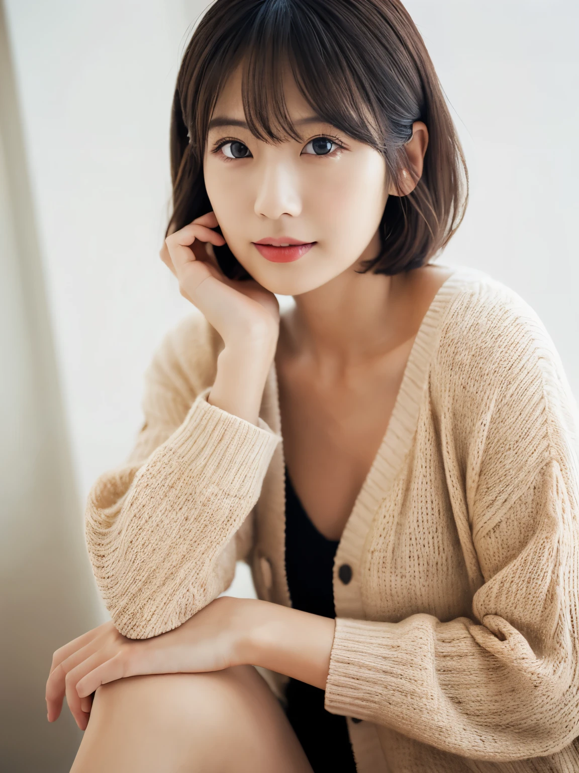 ((masutepiece,top-quality)), (photographrealistic:1.4),((masutepiece,8K)),hight resolution,Studio Soft Light, Rim Lights, vibrant detail, realistic skin textures,Japanese, 1 beautiful woman, Short hair, Wave hair, faint thin bangs, make - up, 38 years, Detailed skin, cardigan, wide-leg pants, White background, White Room,white walls, fully body photo, Looking at Viewer