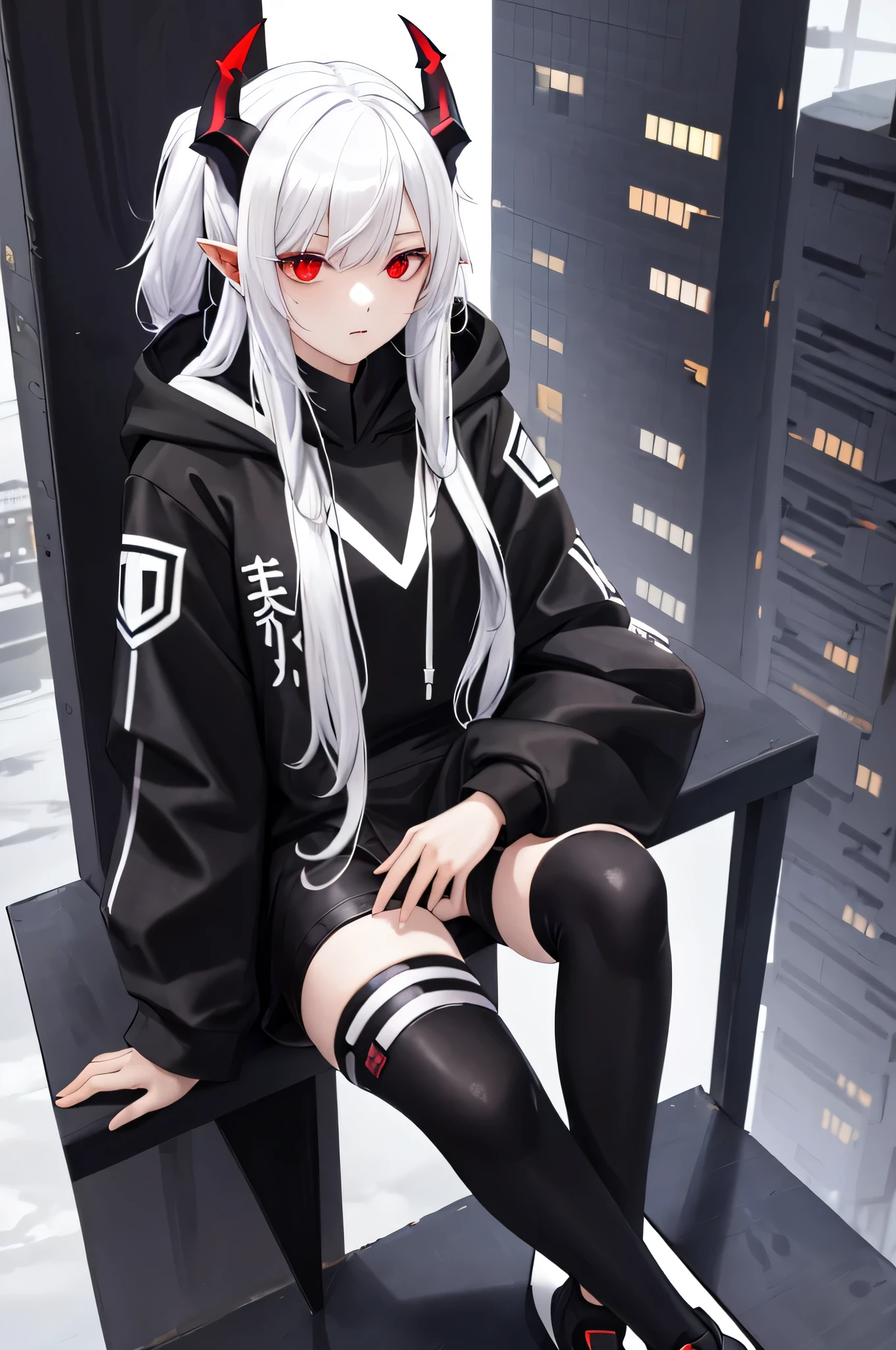 girl sitting on a ledge, 1 girl, white hair, oversized black hoodie, cyber daemon, loli, cyberpunk, ((cyber horns)), red eyes, cyberwear