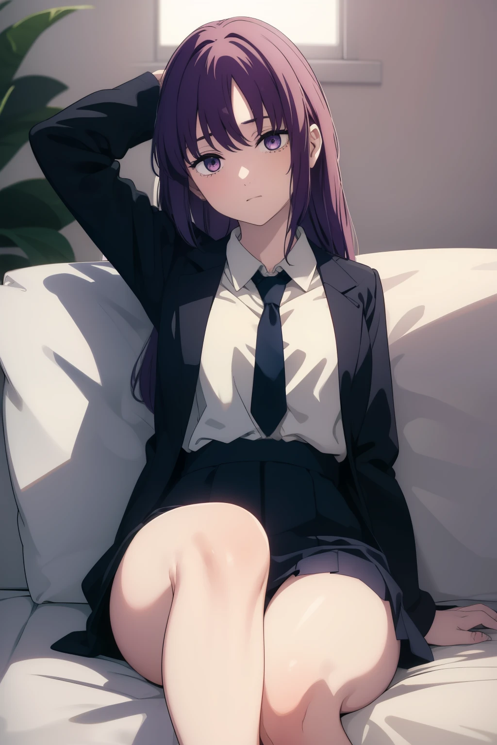 ((((Obra maestra, La mejor calidad, ultrahigh resolution)))), perfect anatomy, 1girl, long hair, purple hair, sitting on floor, w legs, school uniform, cute, adorable, (((guilty expression))), couch, messy room, clothes scattered on floor