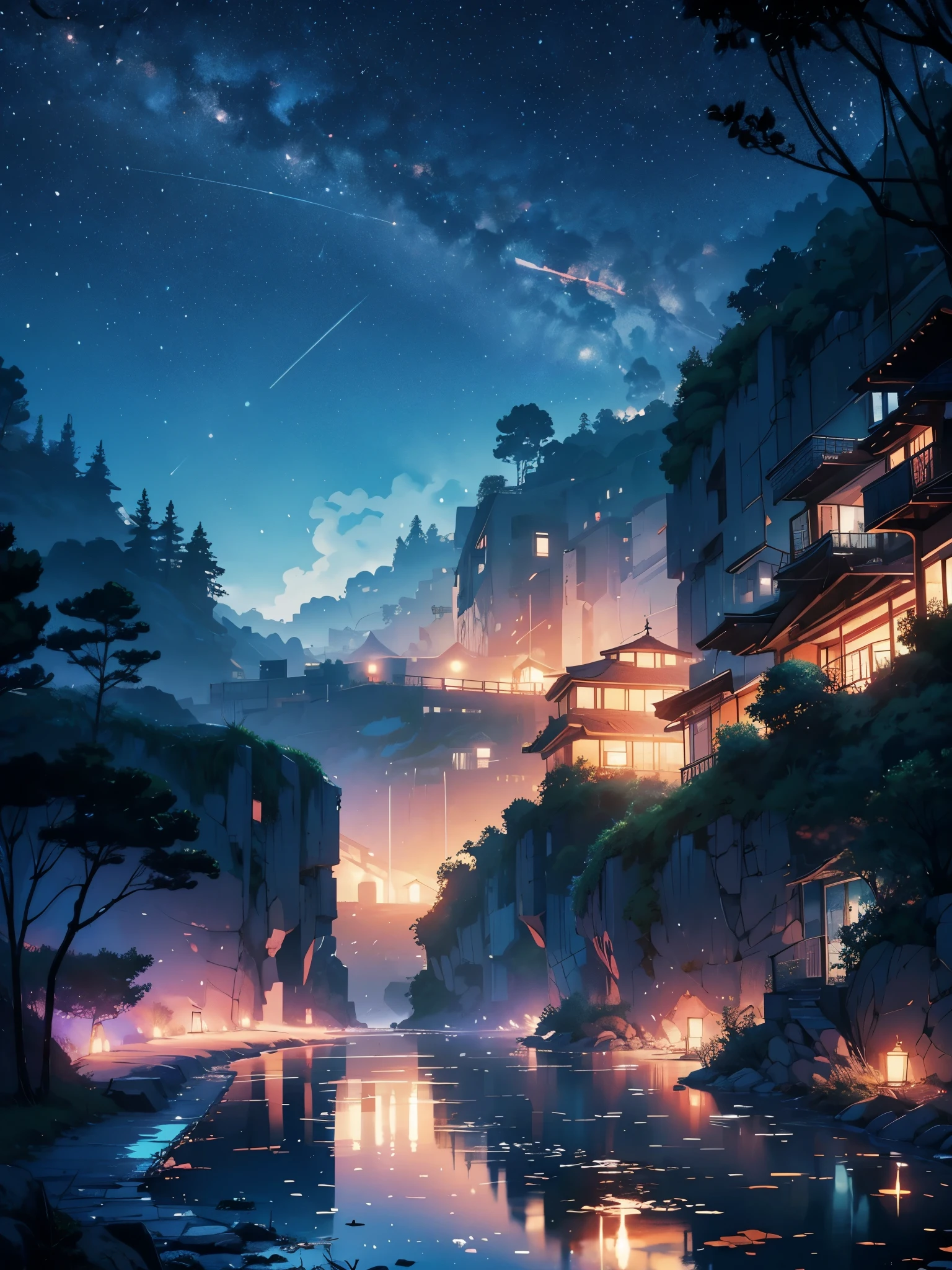 Obras-primas de alta qualidade, Paisagens, nuvem, Anime train passing bodies of water on the railroad tracks in the distance, Bright starry sky. viajante, romantic lights, Pixiv, arte conceitual, estilo de arte lofi, reflection. Makoto Shinkai, arte rophy, belas cenas de anime, anime scenery, detailed scenery—width 672, Estilo de Makoto Shinkai, Estilo de Makoto Shinkai, Detalhes aprimorados.