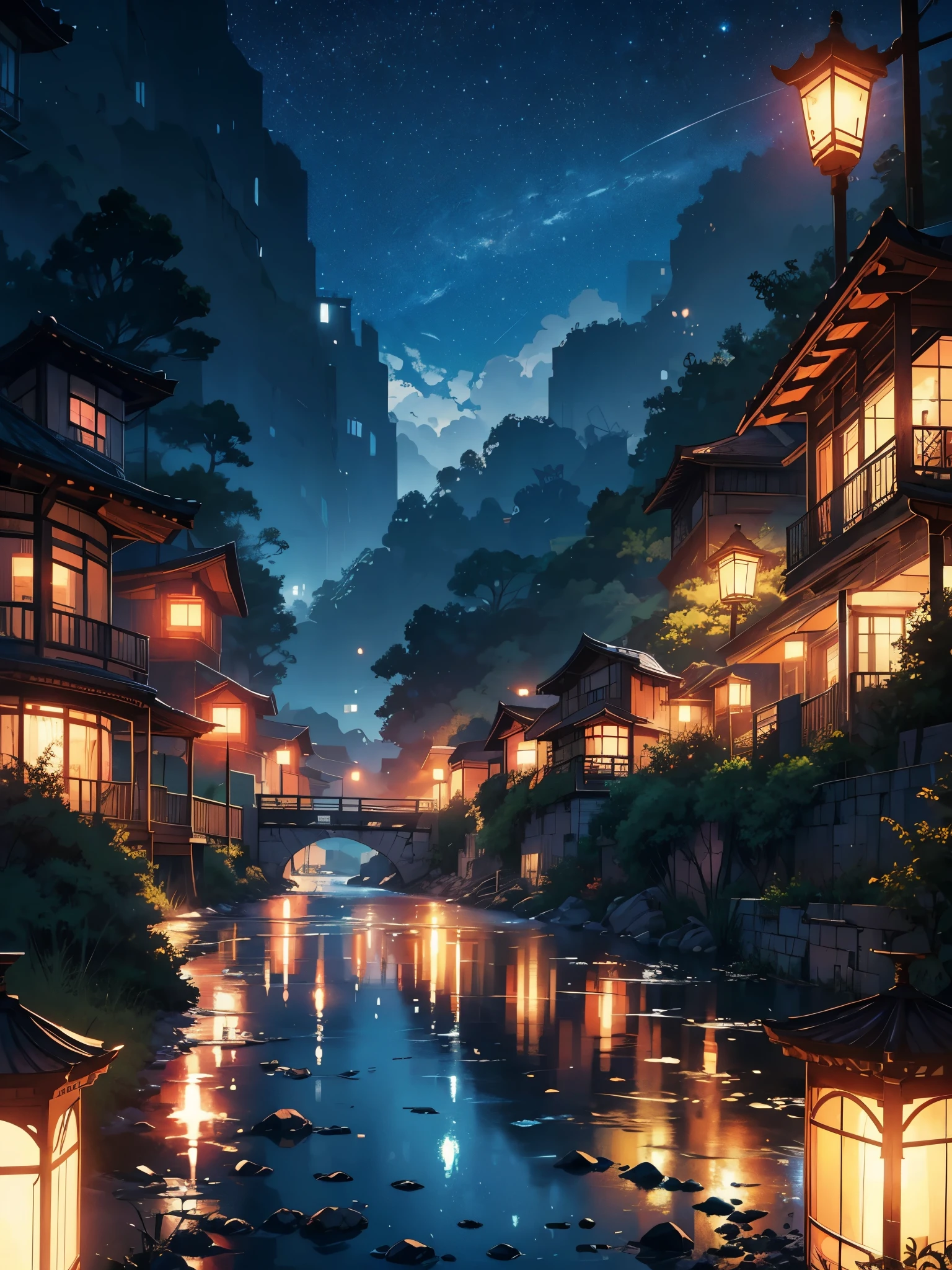 Obras-primas de alta qualidade, Paisagens, nuvem, Anime train passing bodies of water on the railroad tracks in the distance, Bright starry sky. viajante, romantic lights, Pixiv, arte conceitual, estilo de arte lofi, reflection. Makoto Shinkai, arte rophy, belas cenas de anime, anime scenery, detailed scenery—width 672, Estilo de Makoto Shinkai, Estilo de Makoto Shinkai, Detalhes aprimorados.