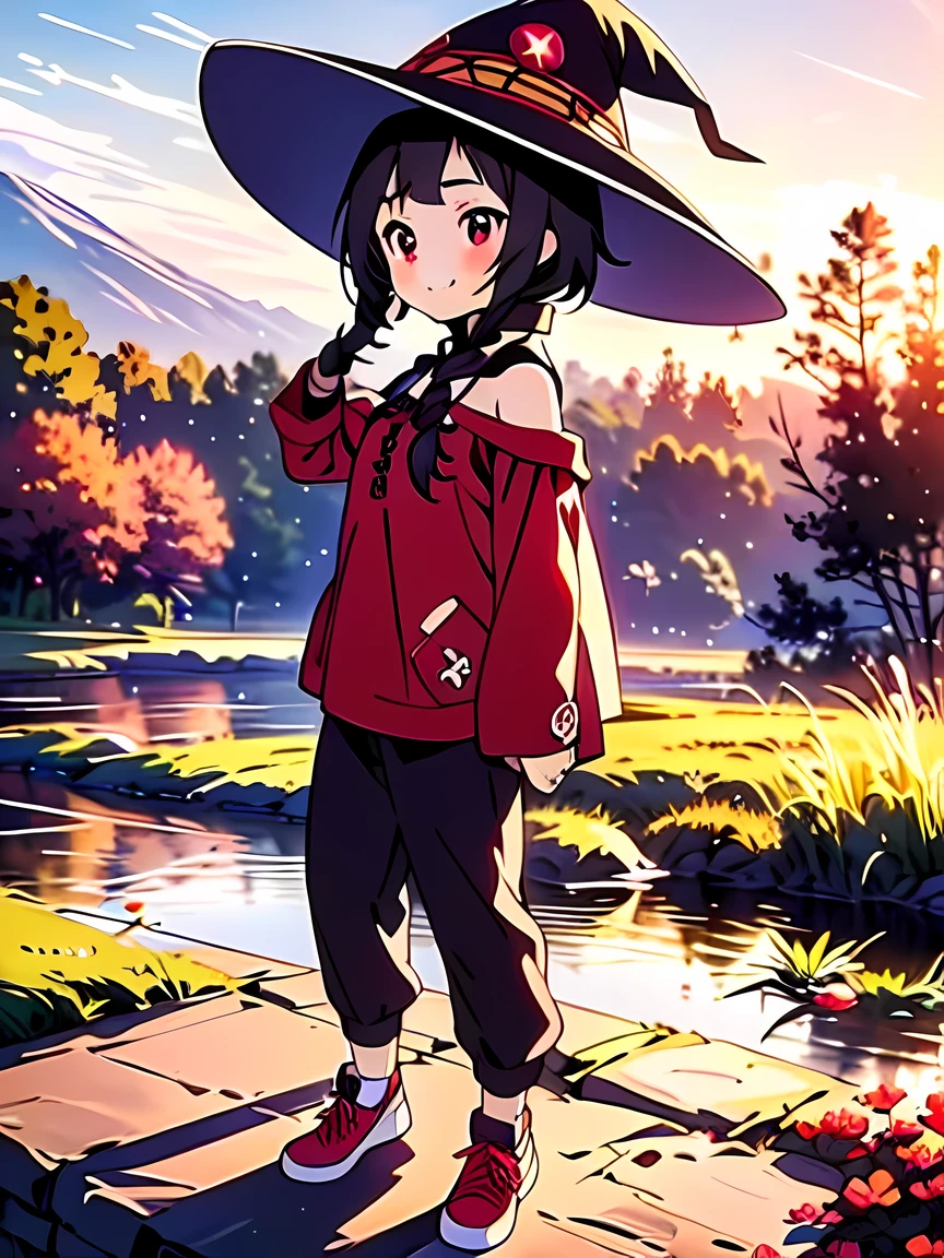 Top Quality, Masterpiece, Ultra High Definition, 8K, Fantasy, (Pants, Light Knitwear, Sneakers, Witch Hat), Fantasy Manga Style ****, Alone, Soft Line Art, Digital Enhancement, Fantasy Manga Touch, Flowing Fabric, Close Up, (Shoulder-length and Short Braid)), Wet Hair, Staring at Us Head-on, Soft Drawing, Beautiful Black Hair, Red Eyes, ( (teasing smile)), ultra-detailed digital anime art, clear face depiction, ultra-detailed manga character art, clear facial features, ultra-detailed manga style, top quality colors, landscape with nature, looking up at the sky, angle that can be seen up to the feet, stand at front of viewer.