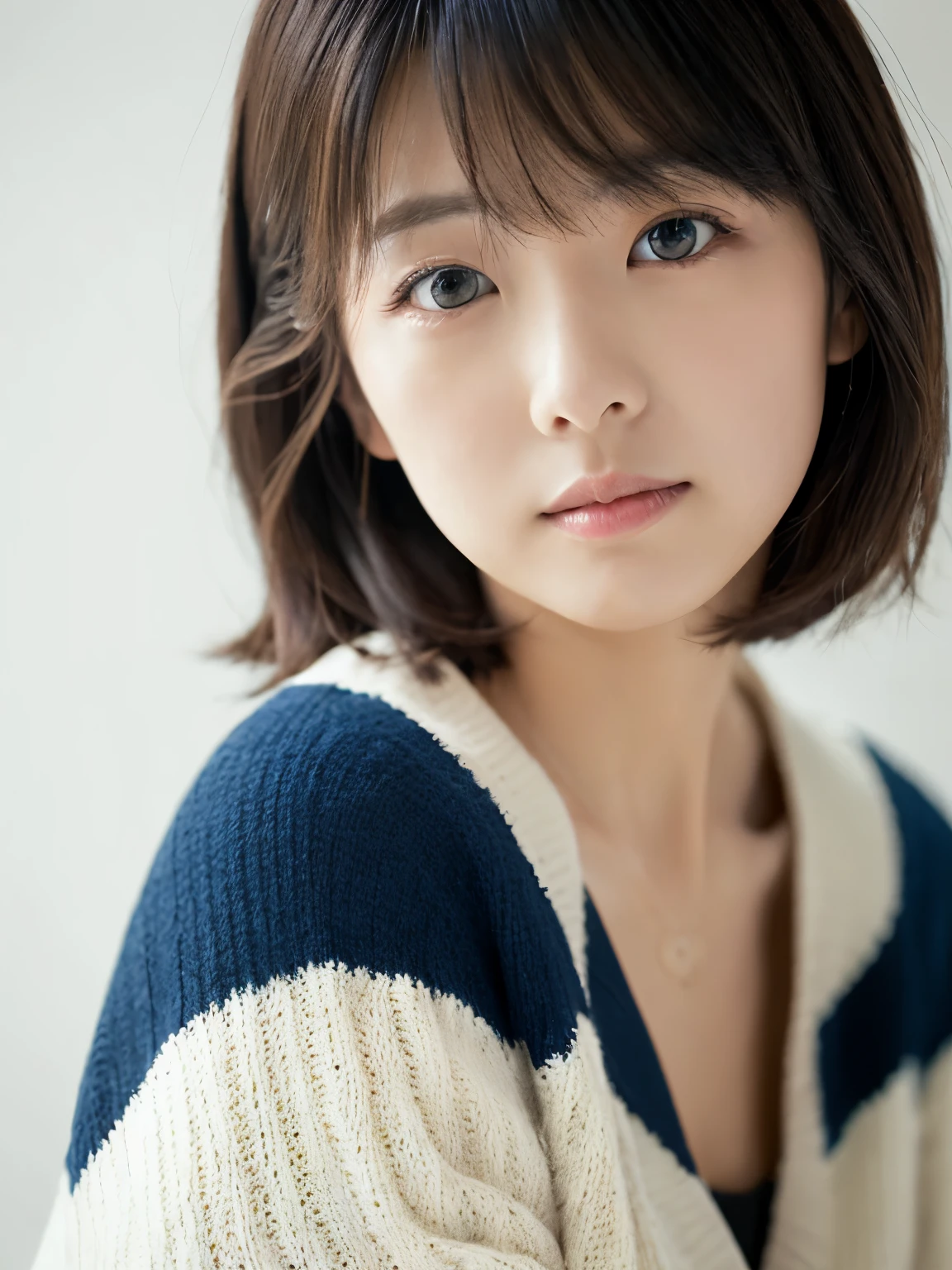 ((masutepiece,top-quality)), (photographrealistic:1.4),((masutepiece,8K)),hight resolution,Studio Soft Light, Rim Lights, vibrant detail, realistic skin textures,Japanese, 1 beautiful woman, Short hair, Wave hair, faint thin bangs, make - up, 38 years, Detailed skin, cardigan, wide-leg pants, White background, White Room,white walls, fully body photo, Looking at Viewer