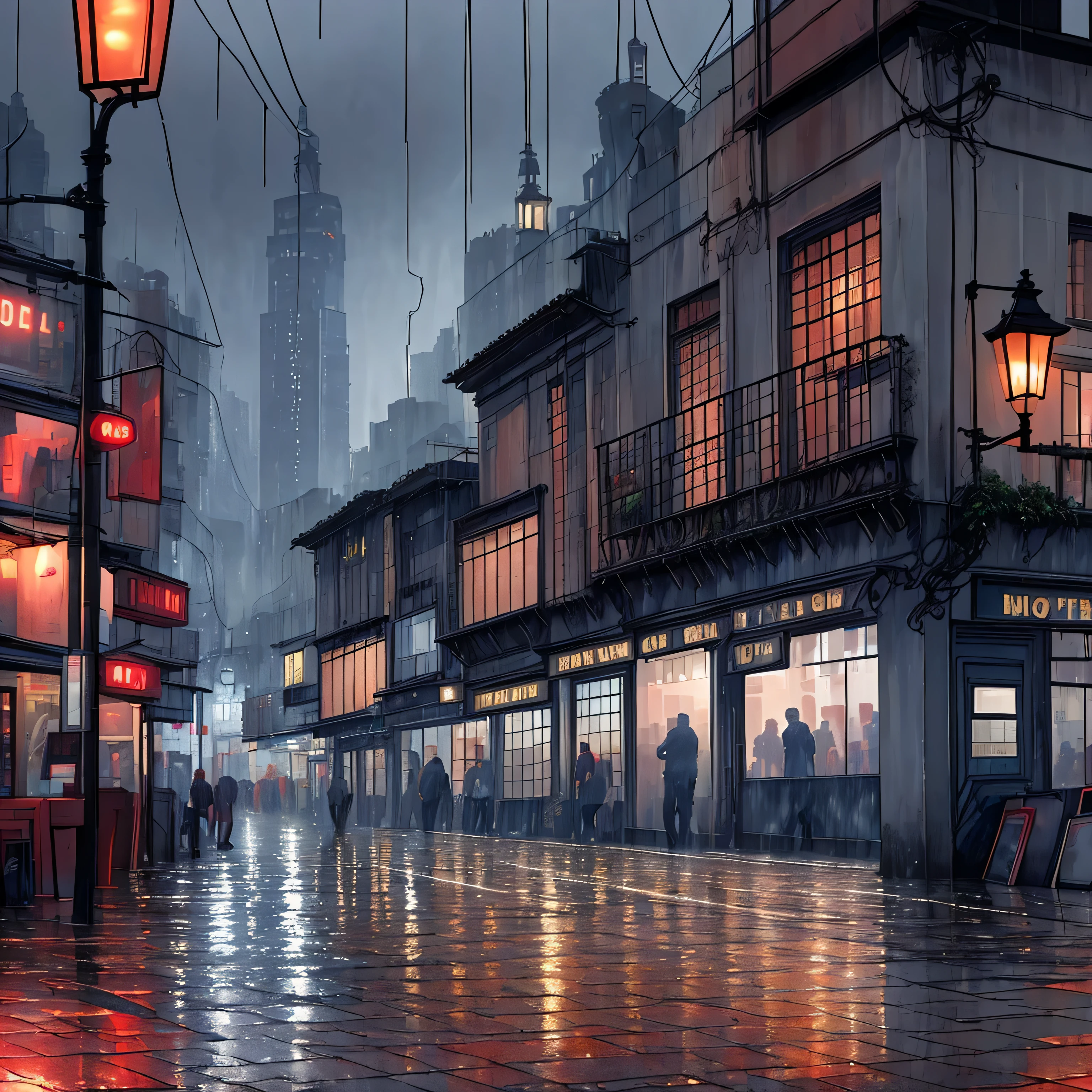 A sad city under the rain, with a gloomy background