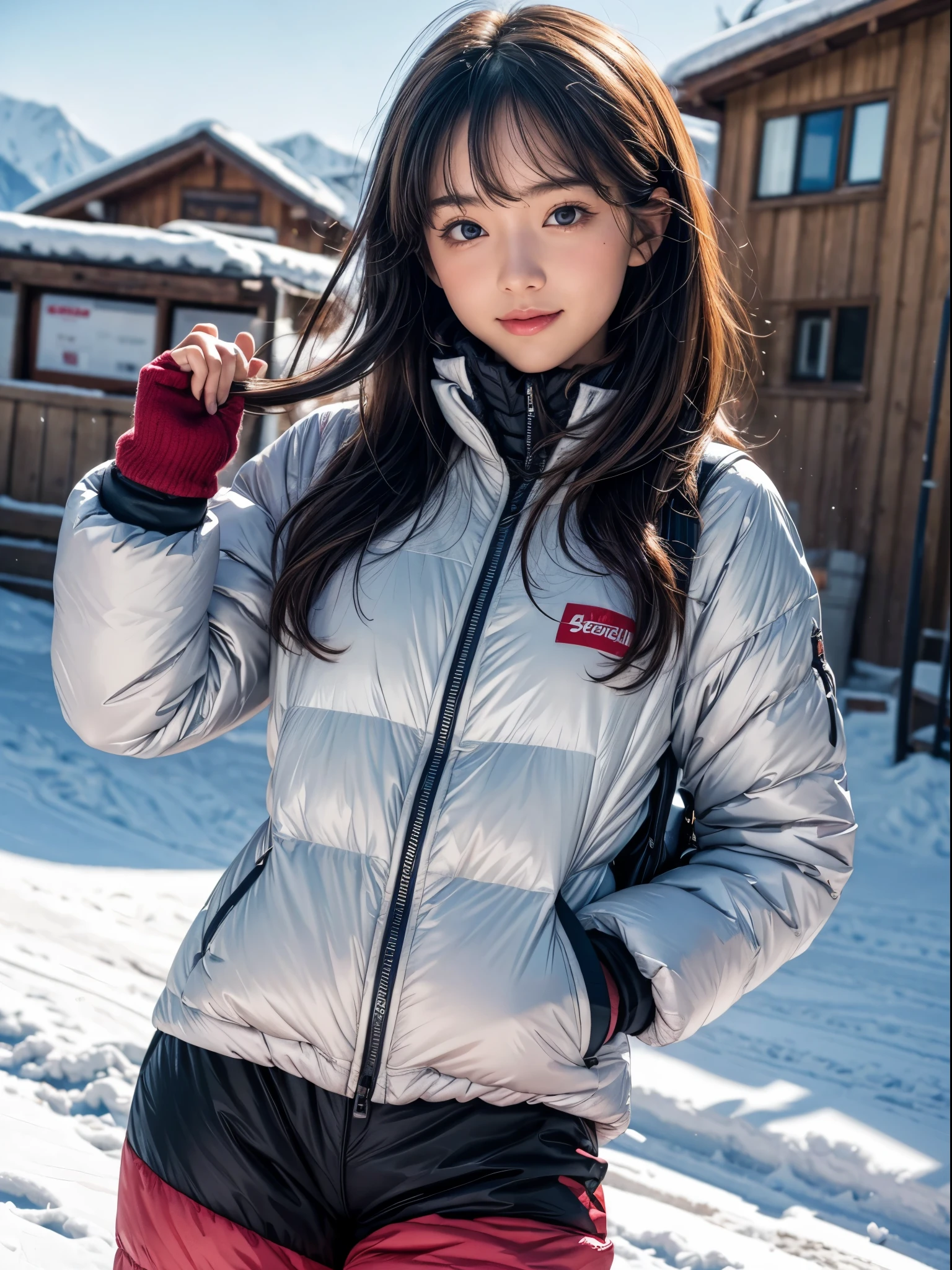 (8k,masterpiece, RAW photo,best quality:1.4),(photo realistic:1.2),(extremely detailed face),(shiny skin),(detailed skin),(detailed face),(extremely beautiful face),(cute face),1girl,looking at viewer,Japanese idle(actress), brown hair,medium hair,straight hair,asymmetrical bangs,smile,glamor,large breasts, Wearing ski wear, ski pants and ski gloves, At a snowy ski resort,high position,natural lighting
