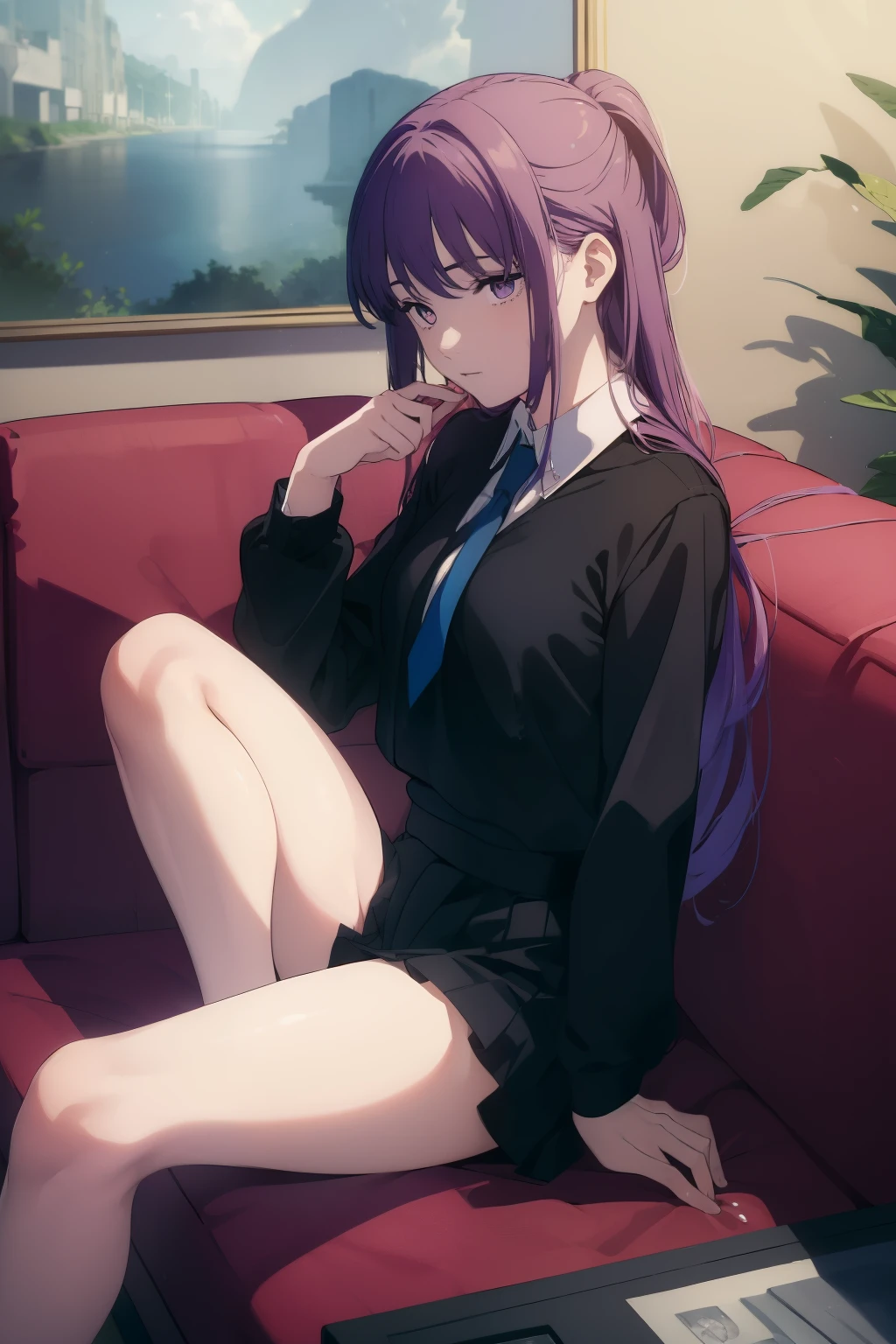 ((((Obra maestra, La mejor calidad, ultrahigh resolution)))), perfect anatomy, 1girl, long hair, purple hair, sitting on floor, w legs, school uniform, cute, adorable, (((guilty expression))), couch, messy room, clothes scattered on floor