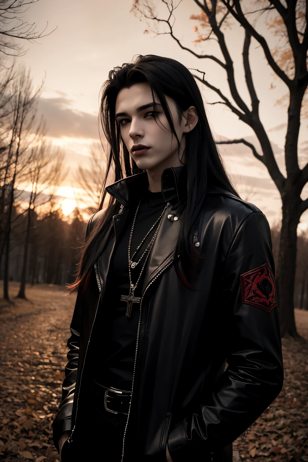 Gothic boy, 18 years old,  red eyes, black rock style clothes, on a background of leafless trees, sunset, gothic background, long hair, tattoos, gothic make yo, vampire fangs