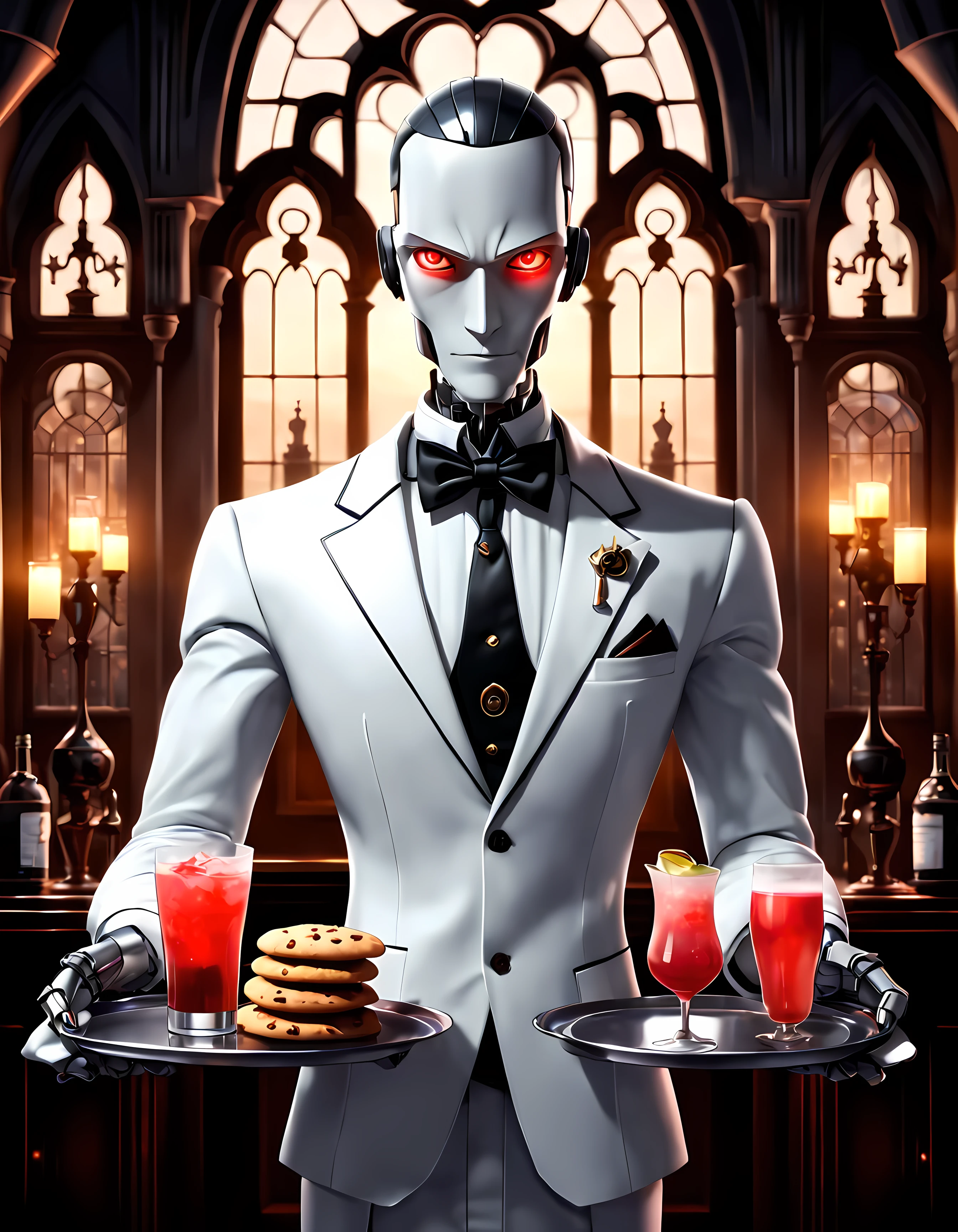 Cute Cartoon, CuteCartoonAF. | Masterpiece in maximum 16K resolution. | (Cute cartoon style). | A tall futuristic (robotic handsome android butler) with sleek metallic features, standing and ((looking confidently at the viewer)). | ((Holding a tray of exquisite rich drinks)), cookies. | Dressed in a formal white suit with shirt and a bowtie. | (Gothic majestic castle room as a backdrop, moonlight coming through the intricate windows), illuminating the room and adding a touch of mystery. | Glowing red eyes. | ((Mechanical hands)). | More_Detail