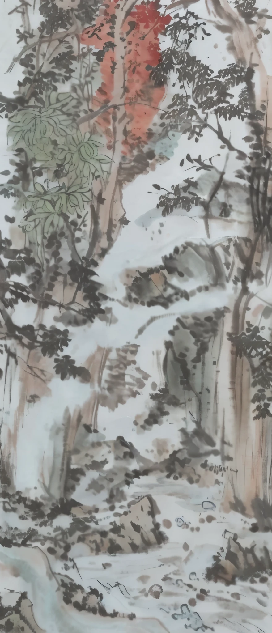 there is a painting of a stream running through a forest, inspired by Shen Shichong, inspired by Wu Changshuo, inspired by Huang Binhong, intricate ink painting detail, inspired by Dong Qichang, chinese ink and wash painting, inspired by Wang Yuanqi, chinese ink painting, inspired by Xie Shichen, ink wash painting, chinese water color