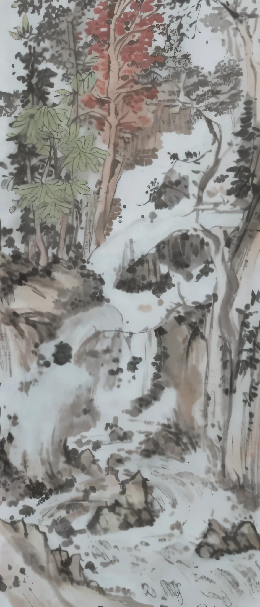 there is a painting of a stream running through a forest, inspired by Shen Shichong, inspired by Wu Changshuo, inspired by Huang Binhong, intricate ink painting detail, inspired by Dong Qichang, chinese ink and wash painting, inspired by Wang Yuanqi, chinese ink painting, inspired by Xie Shichen, ink wash painting, chinese water color