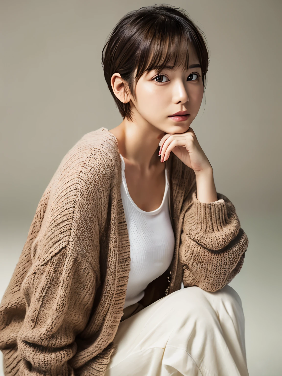 ((masutepiece,top-quality)), (photographrealistic:1.4),((masutepiece,8K)),hight resolution,Studio Soft Light, Rim Lights, vibrant detail, realistic skin textures,Japanese, 1 beautiful woman, Short hair, Wave hair, faint thin bangs, make - up, 38 years, Detailed skin, cardigan, wide-leg pants, White background, White Room,white walls, fully body photo, Looking at Viewer