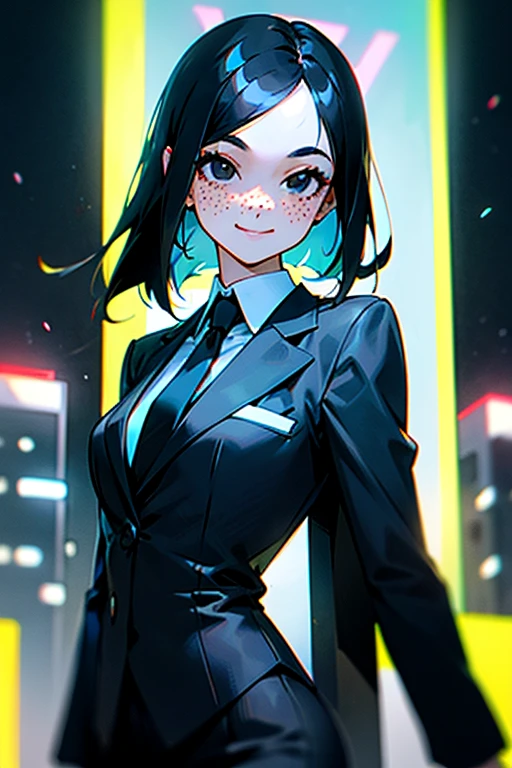 black hair, (hair tucked behind ears), forehead, side bangs, medium length hair, light freckles, woman, ((black eyes)), suit and tie, neon blue city, smiling