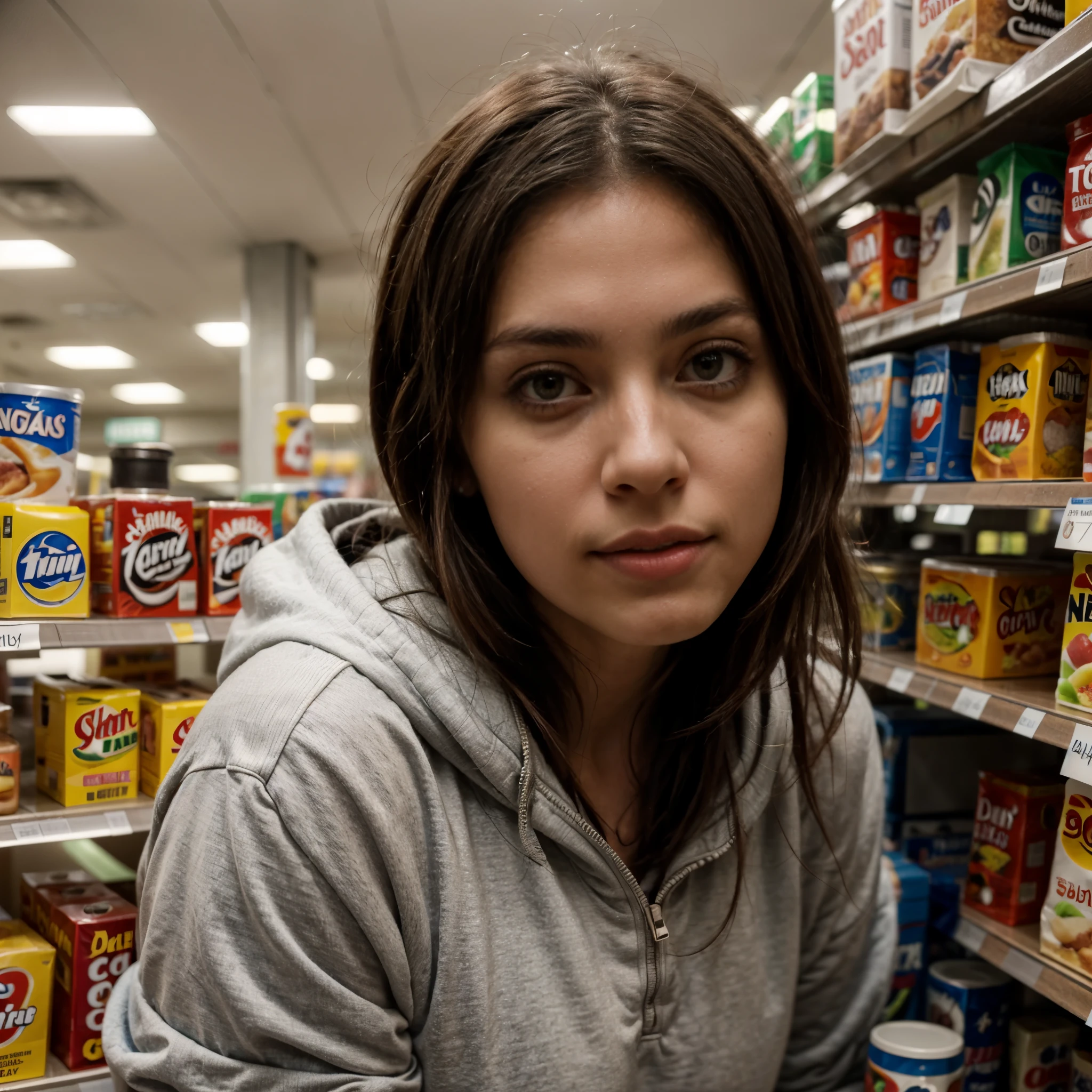 one beautiful woman, long oval face, senseful lips, big brown eyes, 30 years old, slim sporty body, in a supermarket, 3/4 body, staying between empty shelf rows, wearing a hoodie and  sport tights, no text, backgorund blurred, cinematic lighting, motion blur, film grain,  very detailed, 30 years, natural wave hair, dark brown eyes, high-res, masterpiece, best quality, intricate details, highly detailed, sharp focus, detailed skin, realistic skin texture, texture, detailed eyes, professional, 4k, 85mm, shallow depth of field, kodak color vision, perfect fit body, extremely detailed, photo_\(ultra\), photorealistic, realistic, post-processing, maximum detail, roughness, real life, ultra realistic, photorealism, photography, 8k uhd, photography (grain of film) medium shot for closeup shot