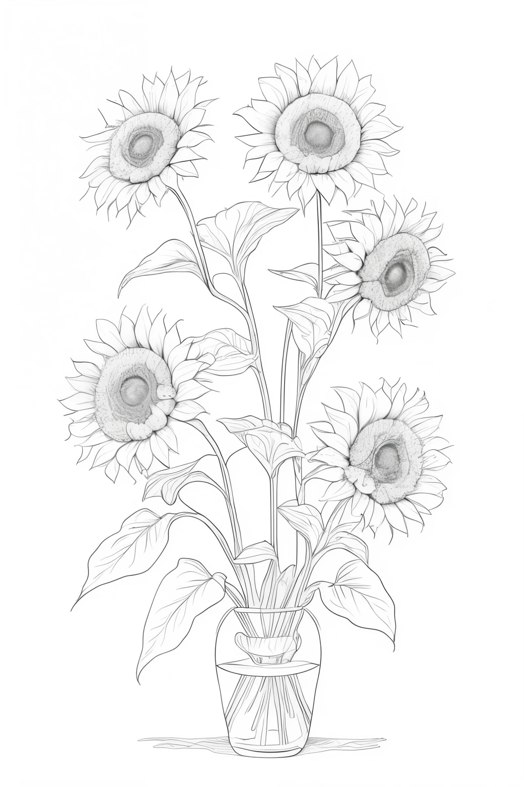 there is a vase with sunflowers in it on a white background, line art, line - art, highly detailed sketch, drawn with photoshop, ambient occlusion:3, crystallic sunflowers, helianthus flowers, ambient occlusion, highly detailed illustration, fine line art, flowers with intricate detail, highly-detailed illustration, sunflowers, line drawing, heavy shading