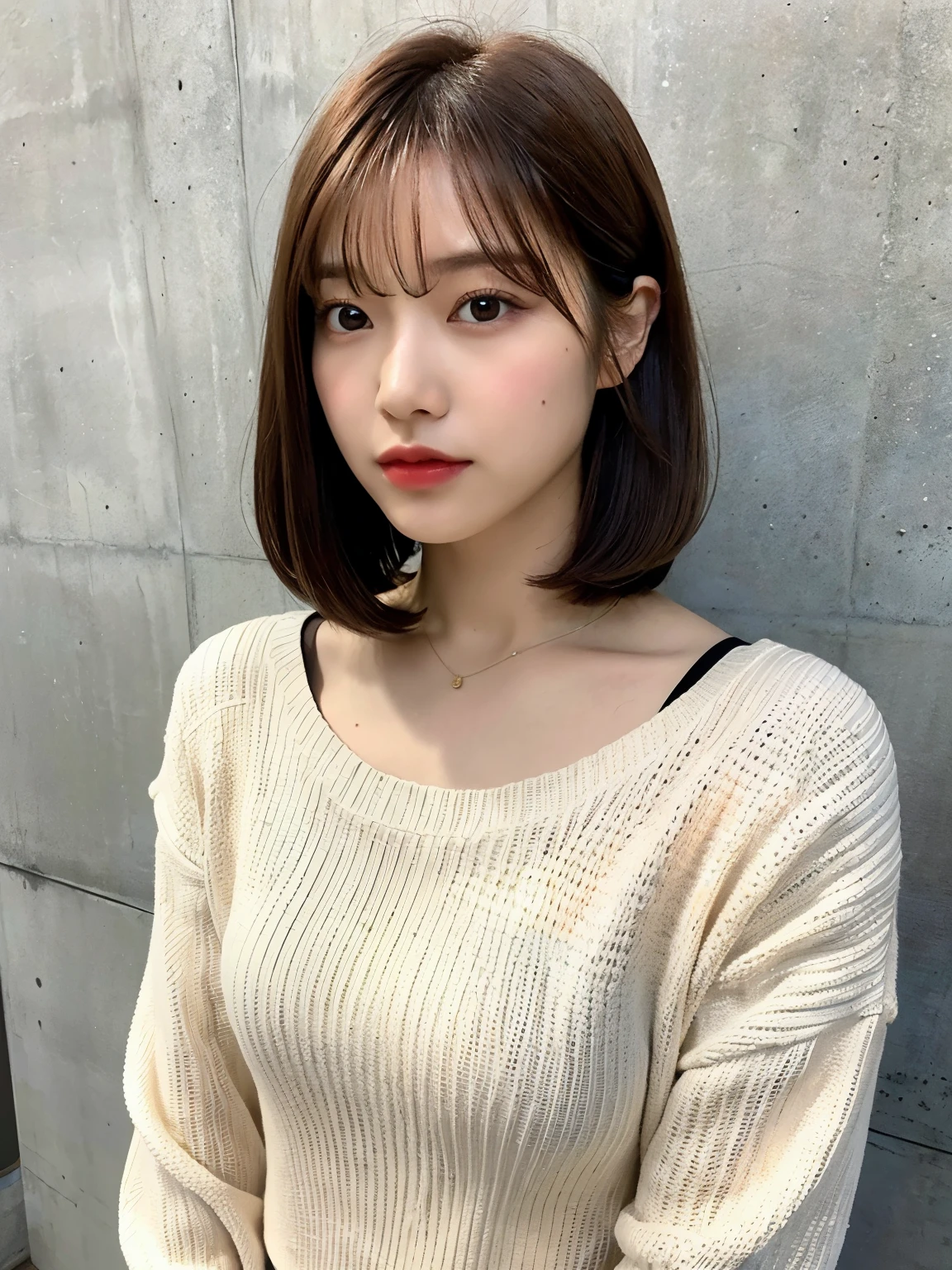 of the highest quality, 1 beautiful woman, age 28, S, 35mm lens,Concrete background、Tile background、pale yellow knit、(Dark brown medium shorthair)、A dark-haired、Japanese woman with bob、(dark brown hair)、Poses variadas、Don't look at the camera、profile、Natural Color Lip、Autumn clothes、Winter clothes、 Necklace
