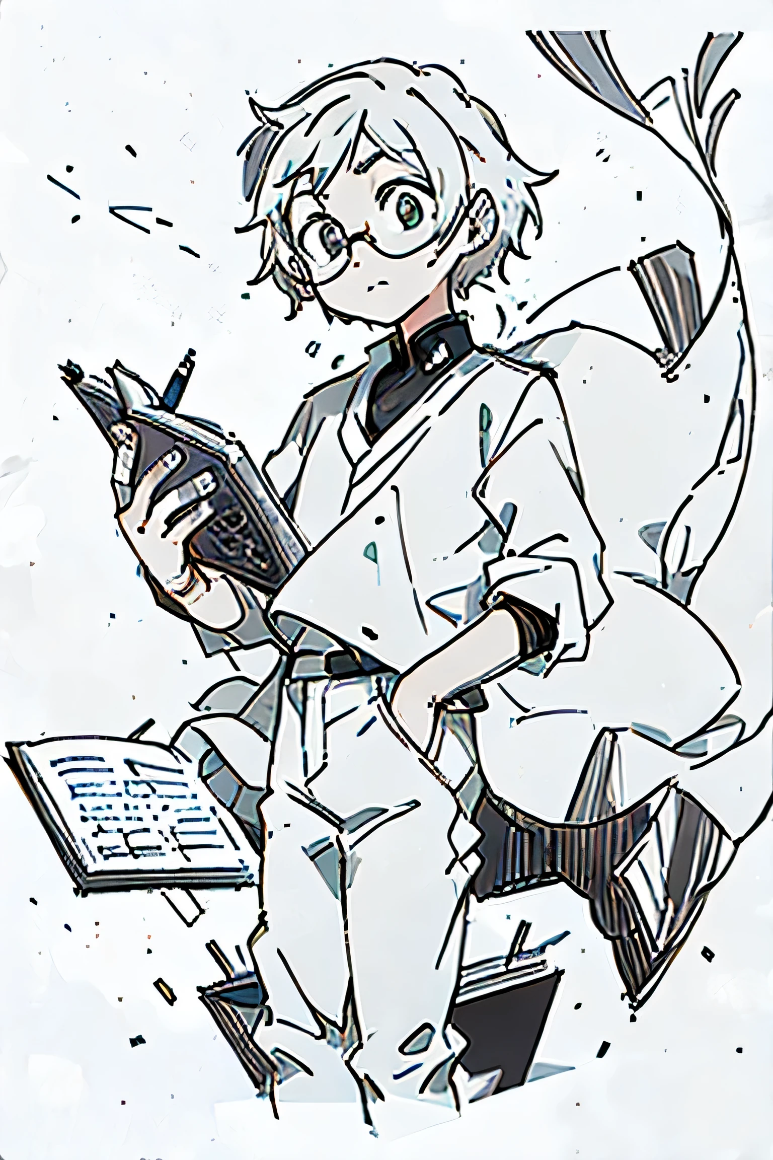 A ager with glasses，Wearing a white shirt and black pants，holding a book in his hands，Line drawing lacks whiteness，pencil，a sketch