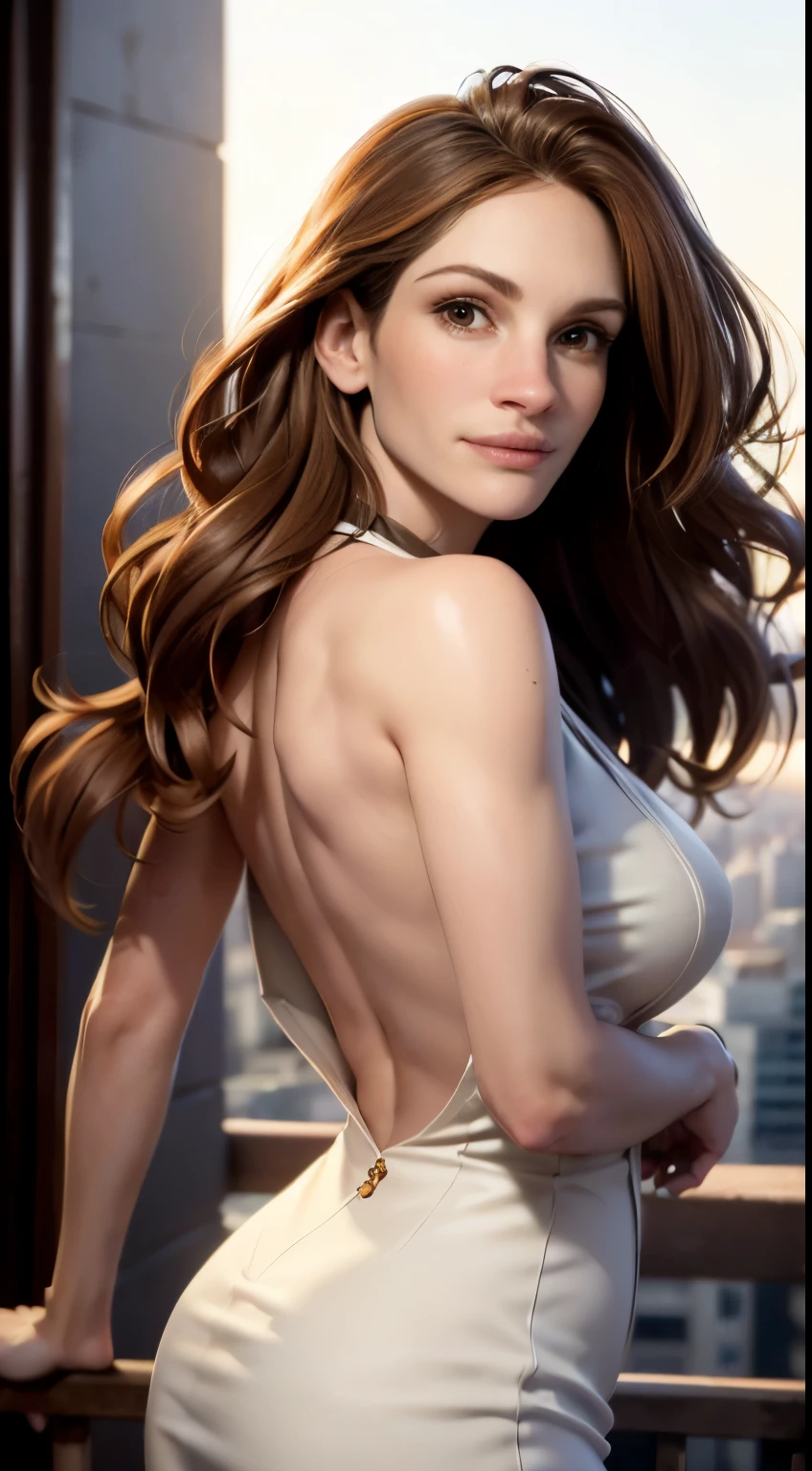 photo of Julia Roberts, RAW, beautiful woman, ((portrait)), ((detailed face:1.2)), ((detailed facial feature, detailed skin, clear skin), (perfect proportioned body, arched back), (wearing a colorful dress, poking nipples) (high detailed city environment, apartment balcony), (realistic photo, best quality, detailed), (8k wallpaper), (cinematic lighting, dramatic lighting) (sharp focus, intricate)