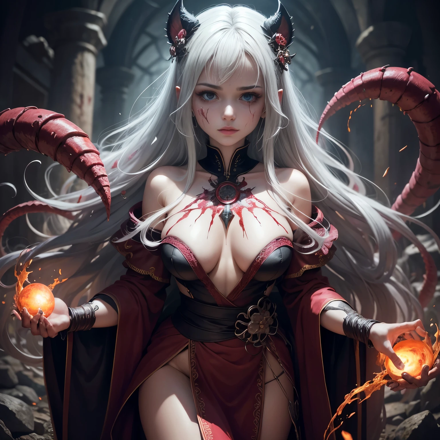 Uma criatura, entidade, caos nuclear, Azathoth. Deusa Cega, Vendas ensanguentadas cobrindo seus olhos, cabelos brancos, boca coberta por correntes, white kimono with blood petals, demonio, bestial skull, correntes ensanguentadas, preso, ossos Behemoth, manic eye aberration, membros suturados, tentacles, ossos, dentes, presas afiadas, acorrentado, expression of insanity, loucura, Hemocinese, habilidade sobrenatural de manipular o sangue, precise control of blood streams, creating shapes and projectiles, habilidade de moldar o sangue como arma. Visualmente, destaque para os tons intensos de vermelho, luminous effects that accompany the manipulation of blood, providing a stunning and impactful visual representation in high image quality, capturando a intensidade e a fluidez dessa habilidade, dungeon dungeon environment, 8k, qualidade ultra HD.
