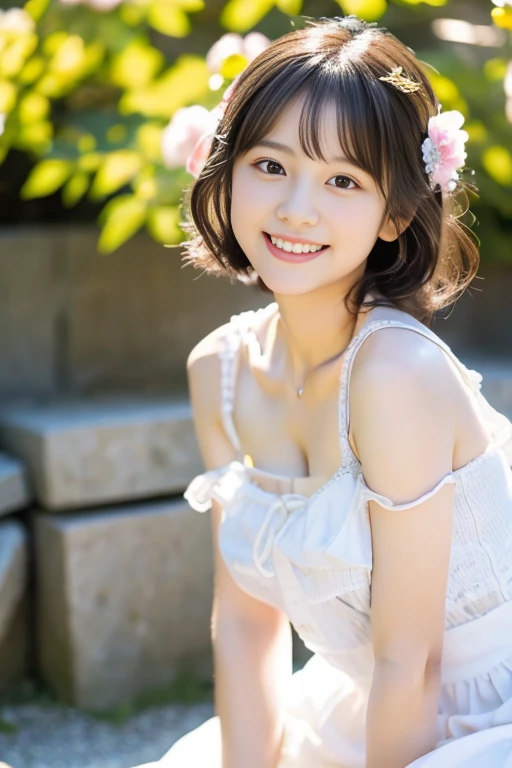 (((masterpiece))), (((Full body photo))), (One beautiful Japan girl, Innocence,kawaii) ,超A high resolution, Realistic, ultra-detailliert, 8K,top-quality, Extremely detailed,,A slender,very beautiful japanese girl, (Detailed face:1.3), (Bery short hair,Cute flower hair ornament,A dark-haired :1.4), (a ,kawaii系,adorable 10 year oPerfect body:1.1), (white frills,Light blue dress,White fluffy skirt), innocent smiles,Show your beautiful teeth,sexy pose,rosy cheeks,Super Detailed Face、Detailed lips、A detailed eye、small junior gravure idol,Transparent skin、Lori,Photorealistic:1.37,no-makeup,In the soft spring sunshine、Surrounded by colorful flowers