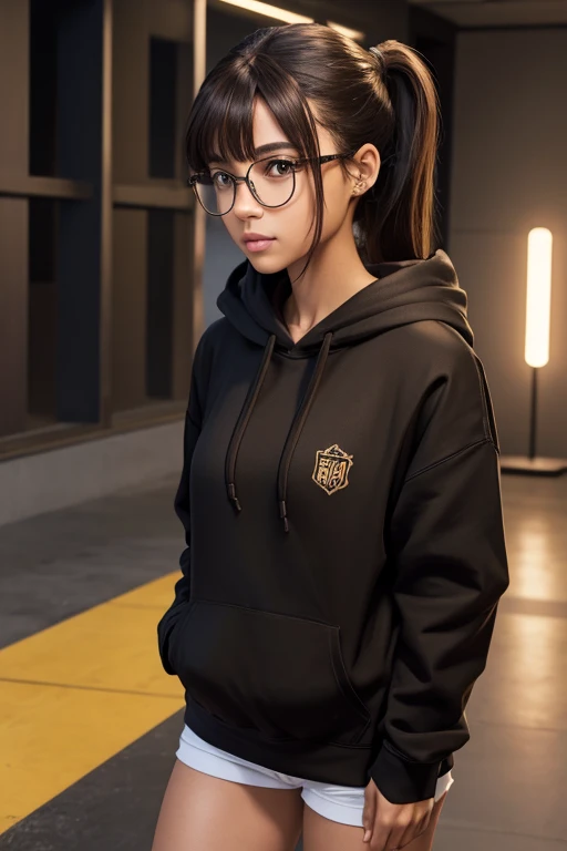High Resolution, Female, Long Dark Brown Hair, Pony Tail, Bangs, Hazel Eyes, Light Skin, Virtual Glasses, Black Hoodie