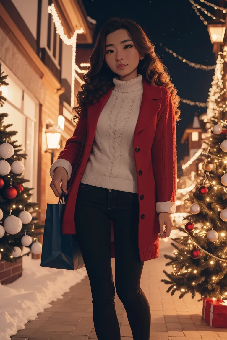 Milf at christmas, christmas shopping, street with christmas stuff, long curly hair, asian, ginger
