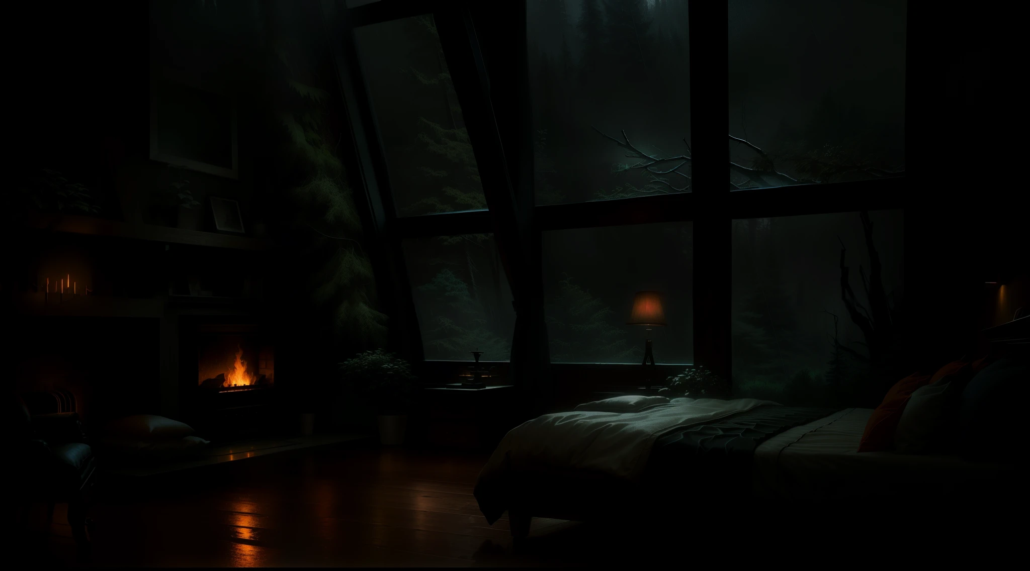 Bedroom view with fire in the fireplace in the room, large windows overlooking the forest, quiet night. original image, rainy day. original rendering, rainy night, gloomy cinematic lighting, atmosphere. digital painting, moody cartoon scenes, dramatic lighting. concept art, atmospheric shots, gloomy weather. hyperrealistic, atmospheric rendering, rainy night, huge forest, atmospheric and sandy details, beautiful and cinematic lighting, rainforest