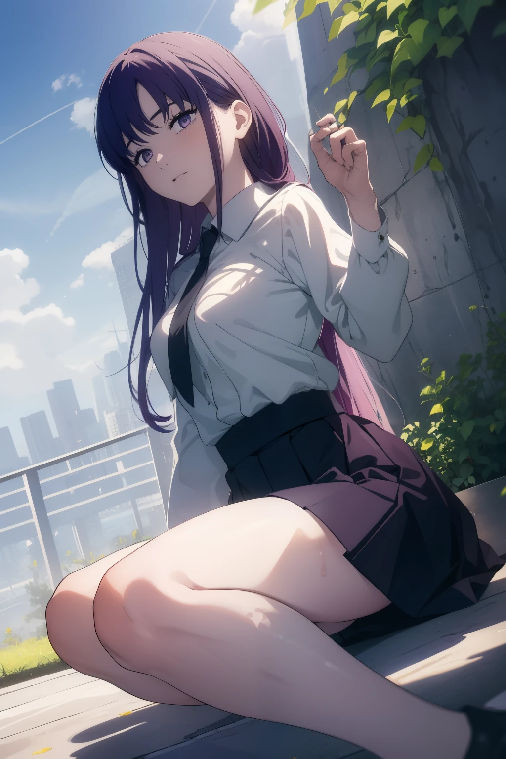 ((((Obra maestra, La mejor calidad, ultrahigh resolution)))), (perfect anatomy), 1girl, long hair, purple hair, sitting on floor, w legs, school uniform, concrete, ((outside)), steps, evening sunlight, professional photography,