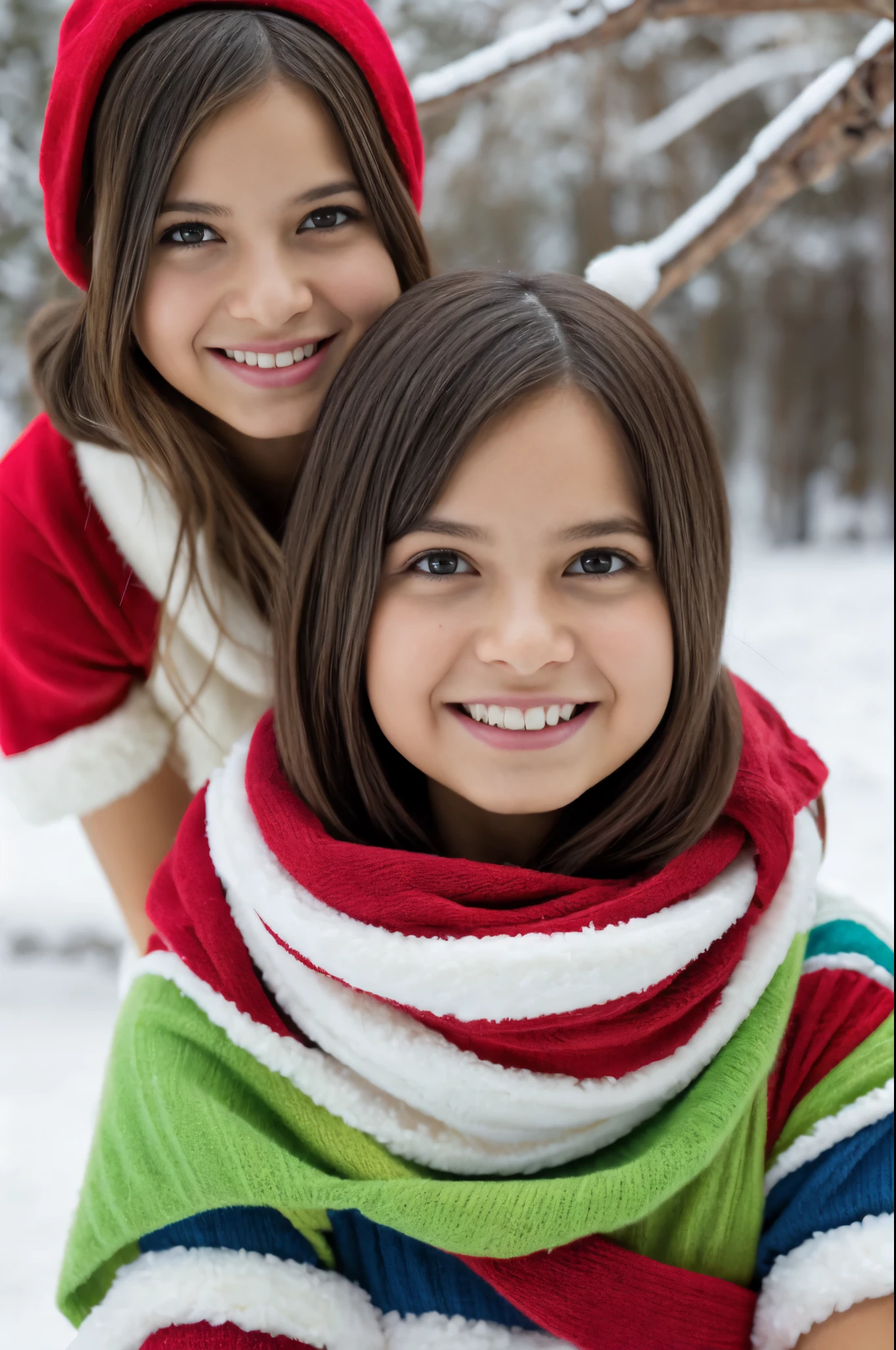 Three children blonde girls in braids with portrait, numa monanha com muita neve e gelo, ice.