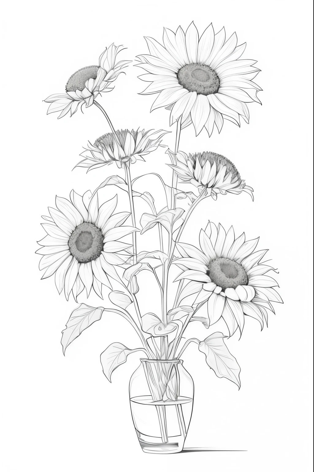 there is a vase with sunflowers in it on a white background, line art, line - art, highly detailed sketch, drawn with photoshop, ambient occlusion:3, crystallic sunflowers, helianthus flowers, ambient occlusion, highly detailed illustration, fine line art, flowers with intricate detail, highly-detailed illustration, sunflowers, line drawing, heavy shading