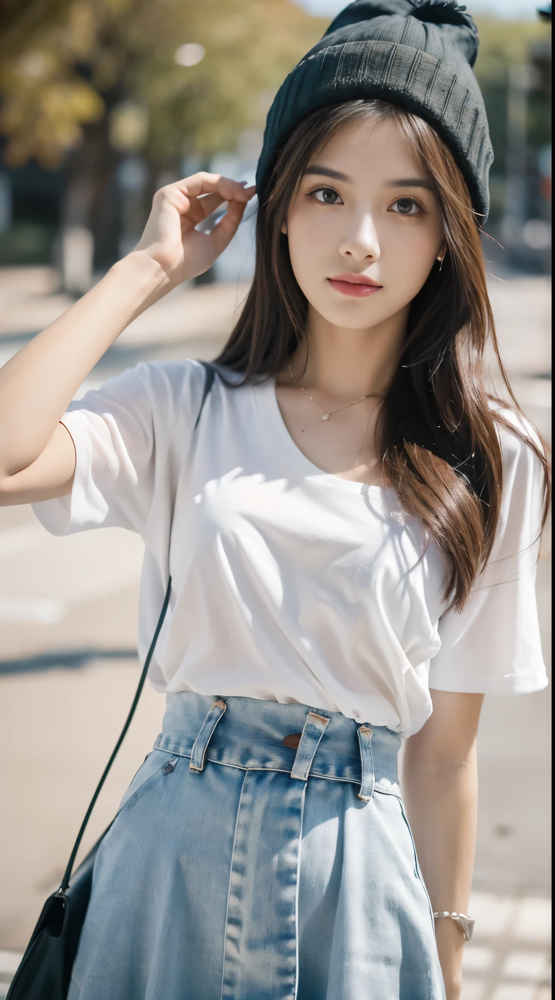 Obra maestra, La mejor calidad, ultrahigh resolution, Foto de alto detalle, Unidad 8K Fondo de pantalla, CG extremadamente detallado:1.2),(Foto RAW:1.realistic photography:1.4), 1girl , joven, physically based representation, beautiful, (Cara finamente detallada:1.4, Ropa detallada), (Detallado:1.4) Cara hermosa, Profundidad de campo, Agregar capa, hiperrealista, 27 years old, Modelo de cuerpo perfecto, senos perfectos, 175cm de altura, pose sexy, cuerpo completo, Tipo de cuerpo del modelo, white shirt, fit and flare skirt, beanie, photo studio, Cabello largo, Eimi Fukada, doble parpado, professional lighting, bokeh