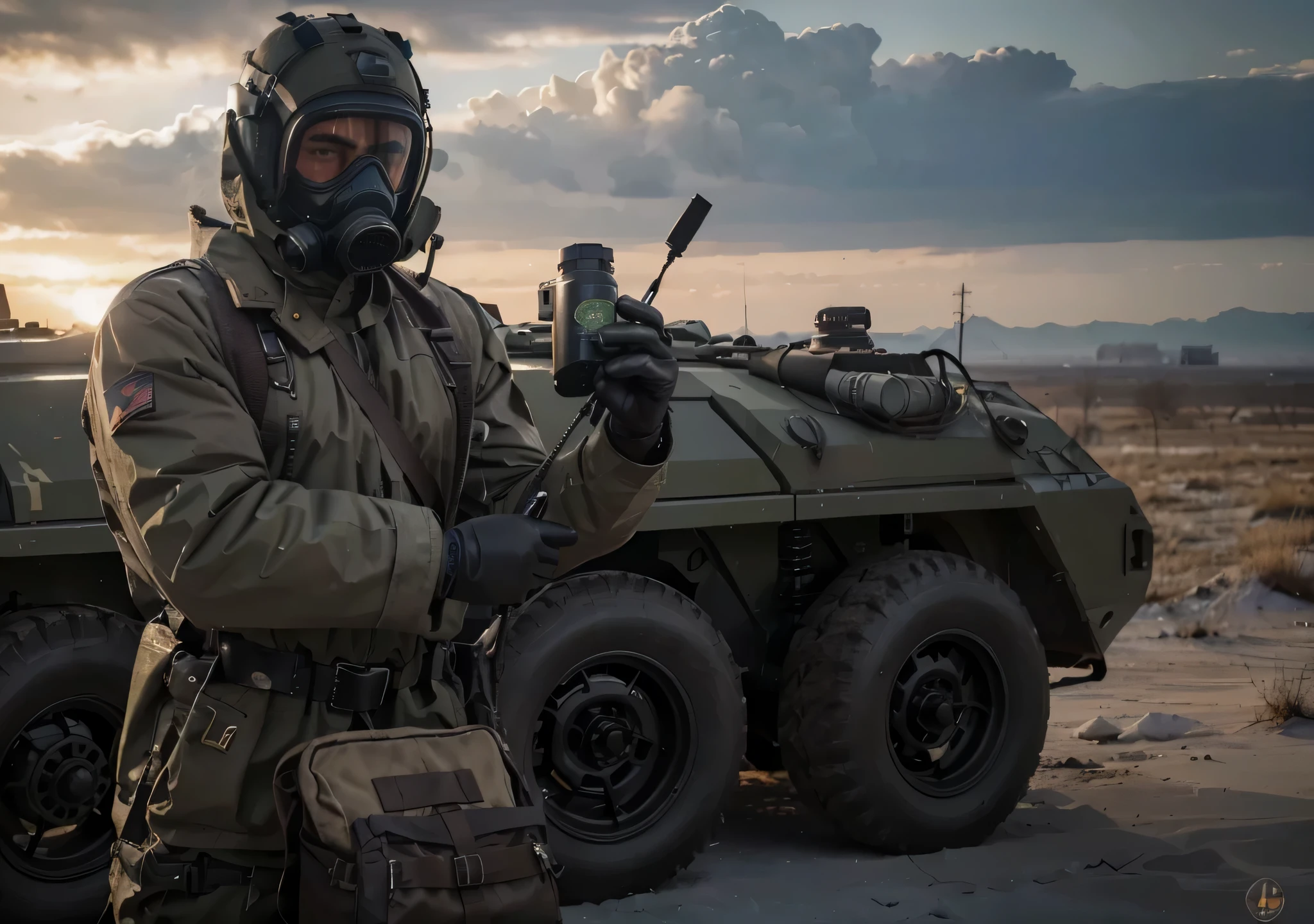 Soldado masculino, tactical anti gas mask with tubes, mechanical breathing system, Fully enclosed Soviet style anti-radiation military uniform in dark brown color., Black latex gloves, Harnesses and belts with ammunition, Anti-radiation tools and medical kit., he is in the siberian steppe, nieve, cielo rojo, Nuclear radiation, In the background you can see a nuclear explosion, 4k, Ultra detallado image, realista, Altamente detallado, perfect composition, splendid, Intrincadamente detallado, Incredibly detailed, 8 k artistic photography, hiper detallado, Obra maestra, Ultra detallado, hyper realista, 4k, Ultra detallado image, realista, Altamente detallado, perfect composition, splendid, Intrincadamente detallado, Incredibly detailed, 8K fine art photography, hiper detallado, Obra maestra