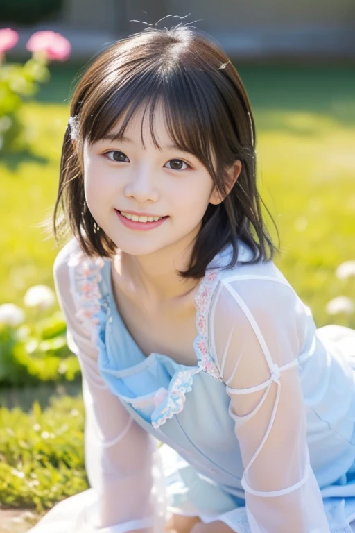 (((​masterpiece))), (((Full body photo)))， (One beautiful Japan girl, Innocence，kawaii) ，超A high resolution, Realistic, ultra-detailliert, 8K,top-quality, Extremely detailed,,A slender,very beautiful japanese girl, (Detailed face:1.3), (Bery short hair，kawaii花の髪飾り，A dark-haired :1.4), (a baby face，kawaii系,adorable 10 year old girl), (Perfect body:1.1), (white frills，Light blue dress，White fluffy skirt，Thin cardigan), innocent smiles，Please show me your beautiful teeth，sexy  pose，Sitting on the lawn，rosy cheeks，Super Detailed Face、Detailed lips、A detailed eye、small junior gravure idol，Transparent skin、Lori，Photorealistic:1.37，no-makeup，In the soft spring sunshine、Surrounded by colorful flowers，In the park