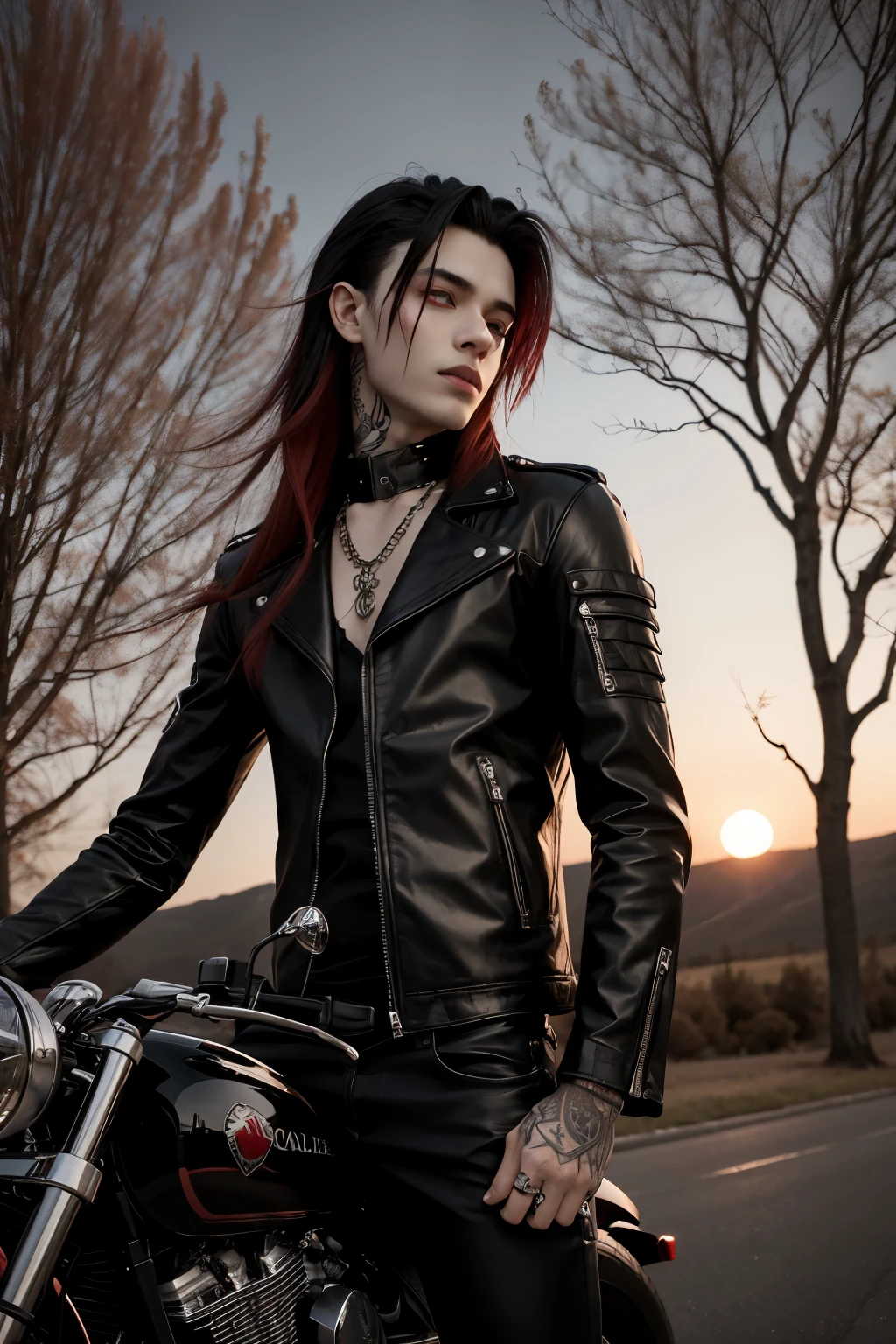 Gothic boy, 18 years old, red eyes, black rock style clothes, on a background of leafless trees, sunset, gothic background, long hair, tattoos, gothic make yo, vampire fangs, red hair, motorcicle